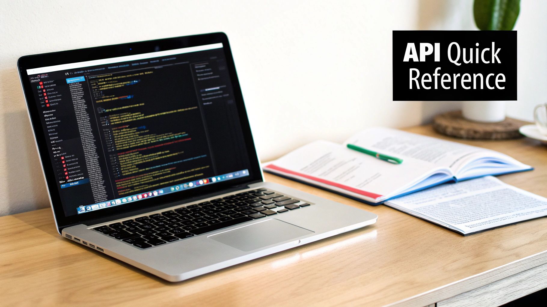 Laptop displaying colorful code editor with API Quick Reference guide on desk with notebooks