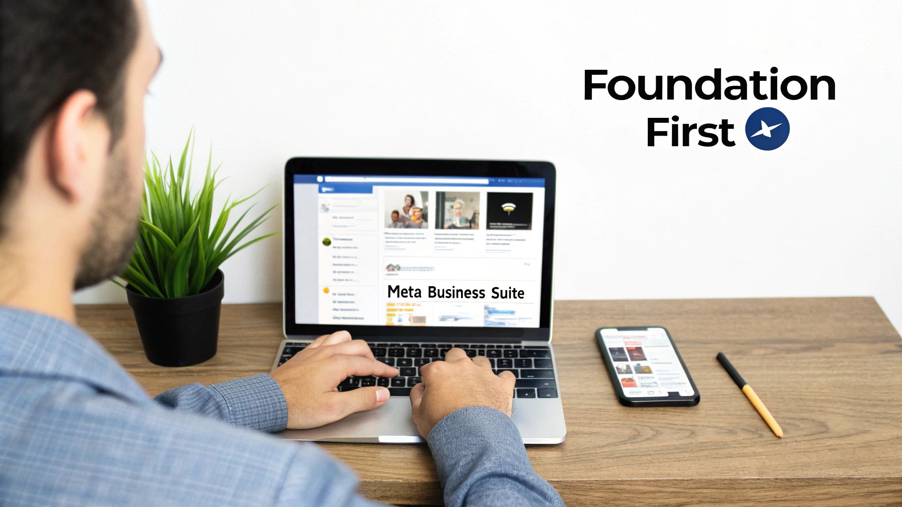 A person works on a laptop displaying Meta Business Suite, ideal for managing Facebook ads.