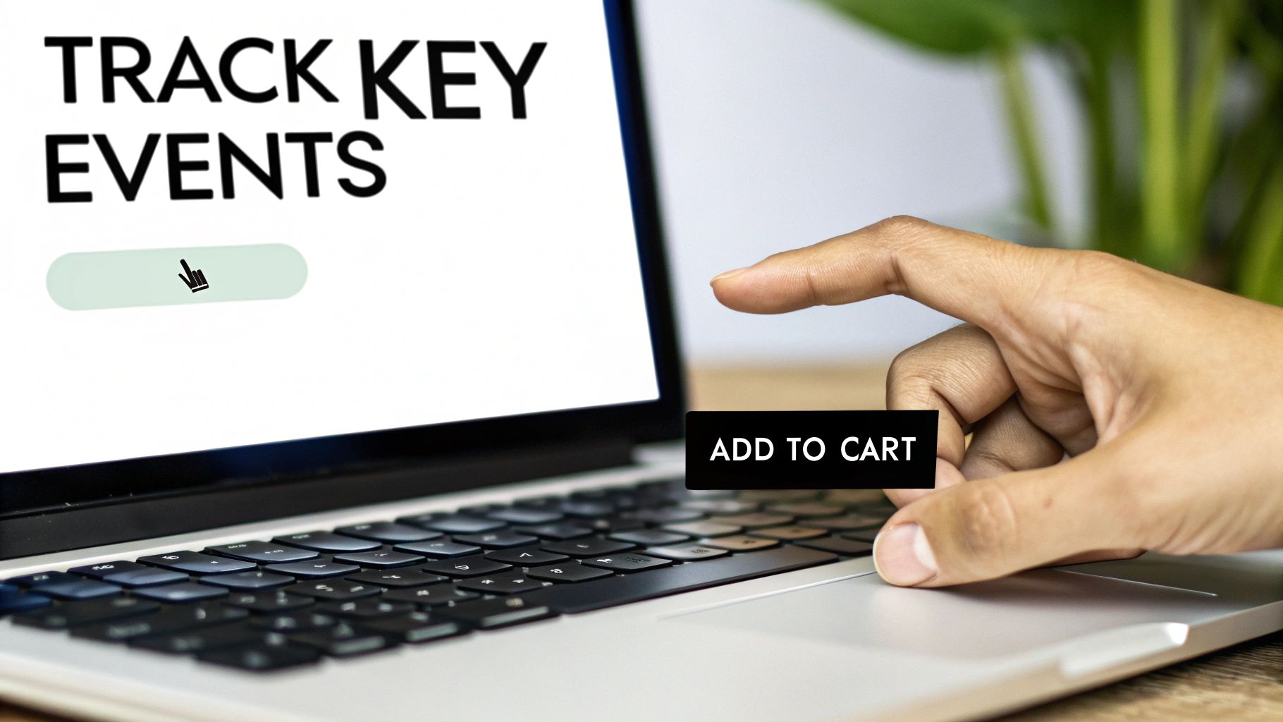 A hand pointing at an 'ADD TO CART' button on a laptop displaying 'TRACK KEY EVENTS'.