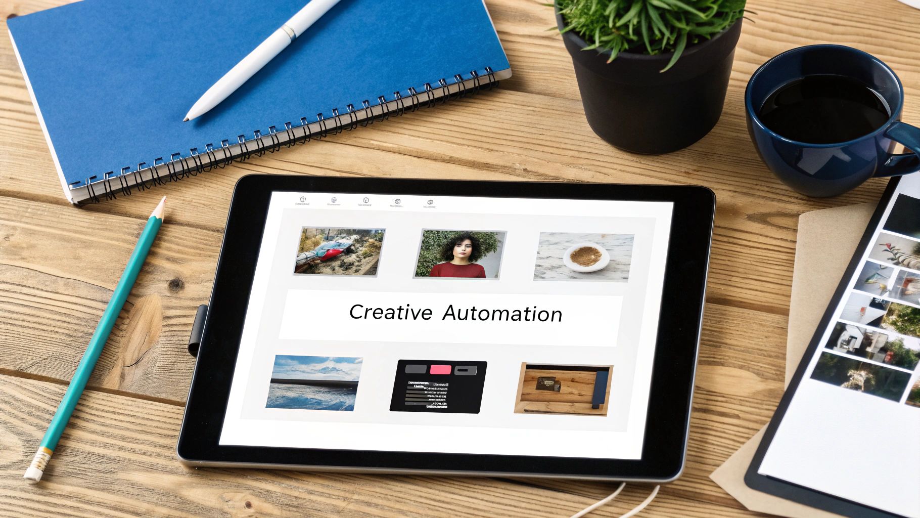 Tablet displaying creative automation presentation with photos on wooden desk workspace with notebooks and coffee