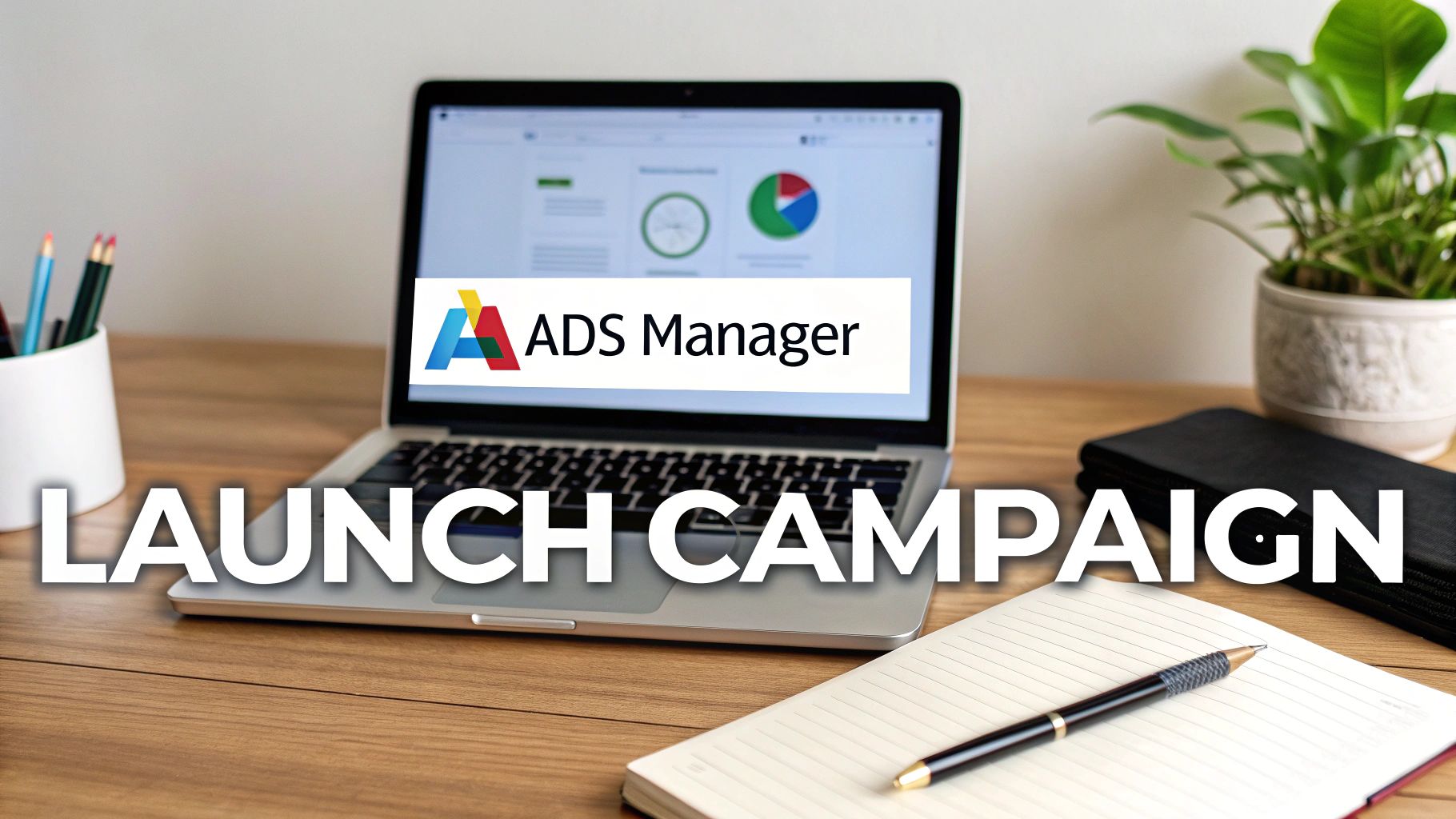 A laptop on a desk displaying 'ADS Manager' with the text 'LAUNCH CAMPAIGN' overlayed.