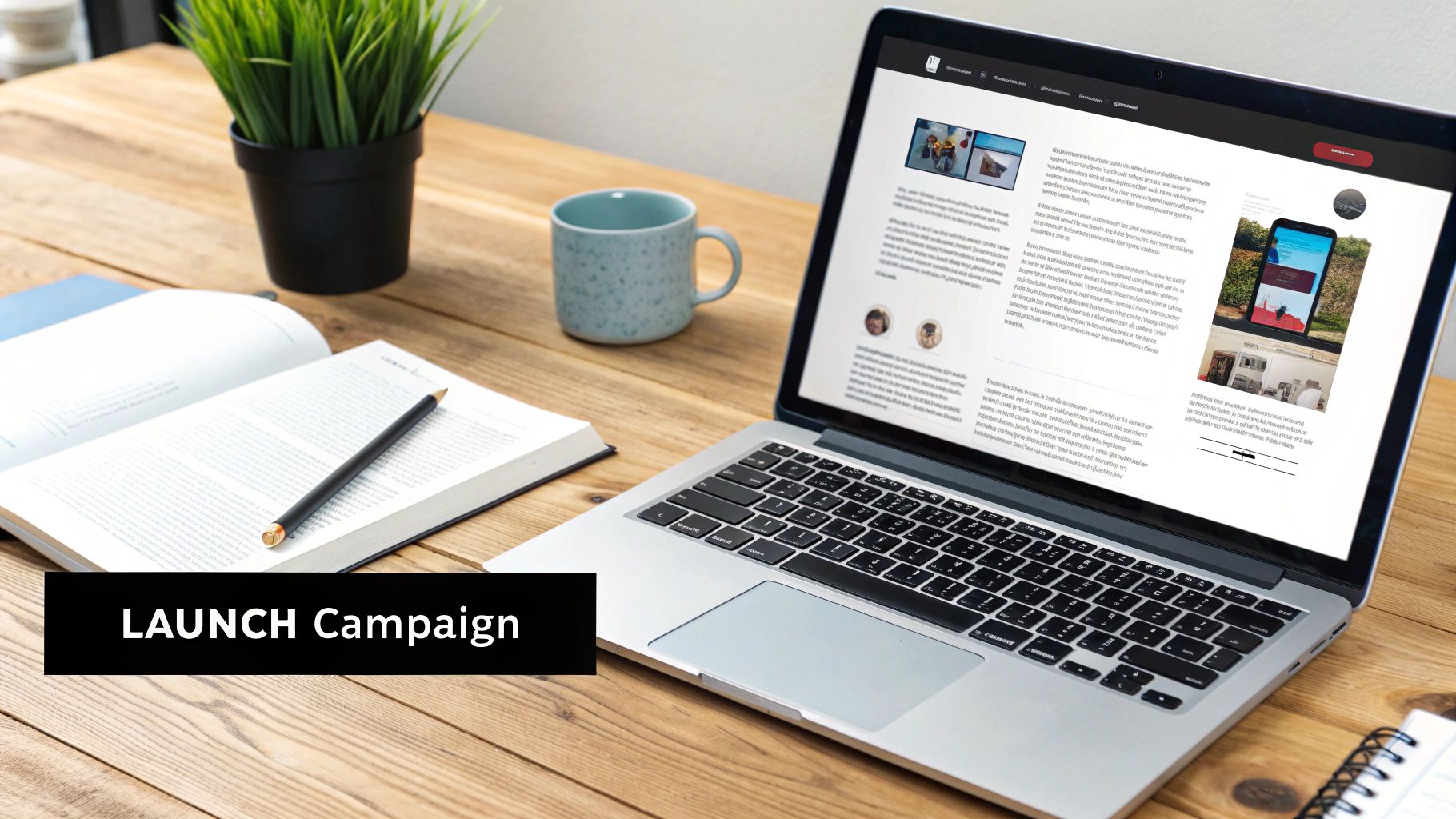 Laptop on a wooden desk showing a website, open book, plant, and mug, with 'LAUNCH Campaign' banner.