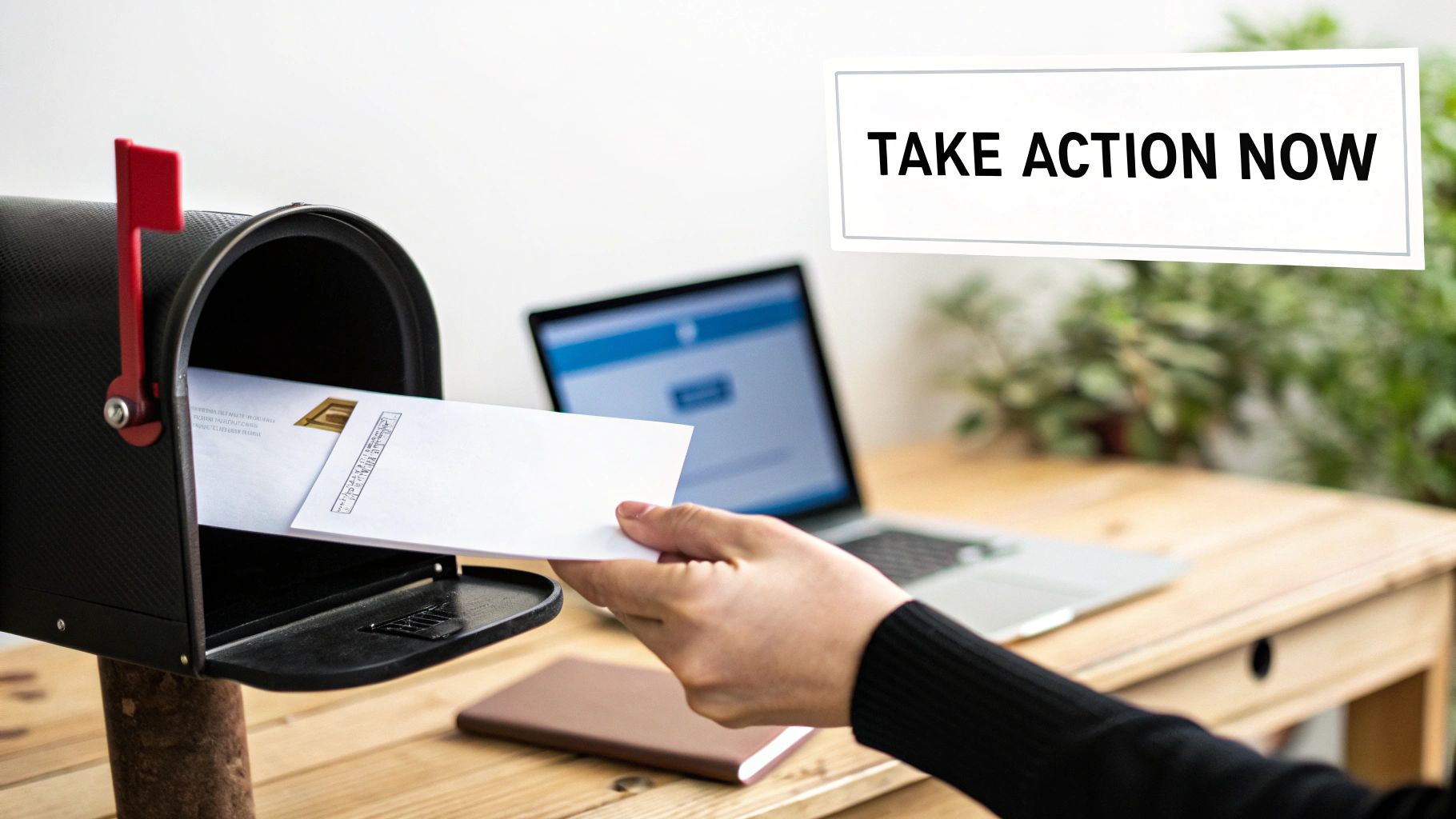 A person's hand places an envelope into a black mailbox, with a laptop and 'TAKE ACTION NOW' sign.