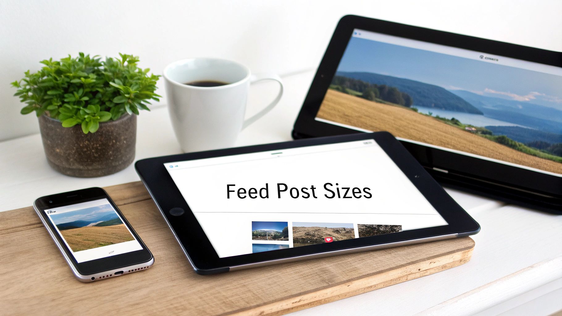 A flat lay showing a smartphone and two tablets displaying images and 'Feed Post Sizes'.