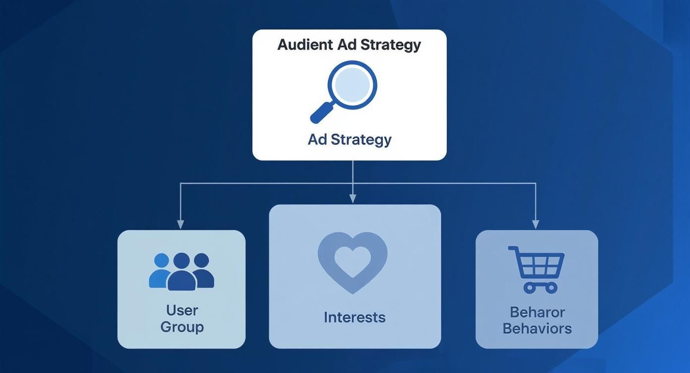 Diagram illustrating an ad strategy for audience targeting, detailing user groups, interests, and behaviors.