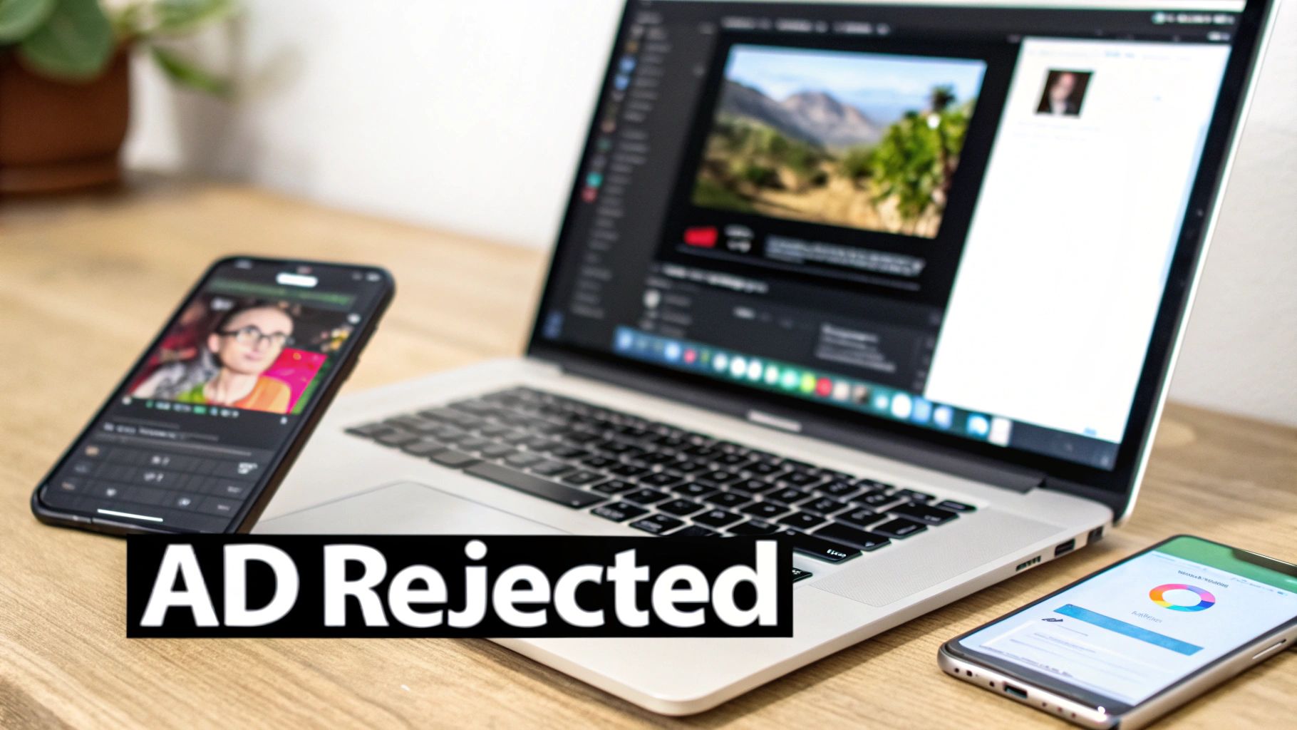 Workspace with laptop, two phones, and a plant; a bold 'AD Rejected' text overlay is visible.