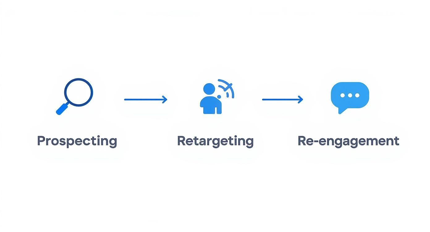 A visual diagram showing a three-step marketing funnel: prospecting, retargeting, and re-engagement.