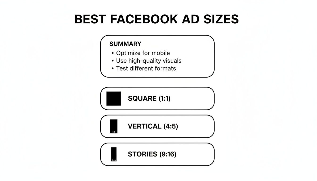 Infographic showing best Facebook ad sizes with a summary, including square, vertical, and stories aspect ratios.