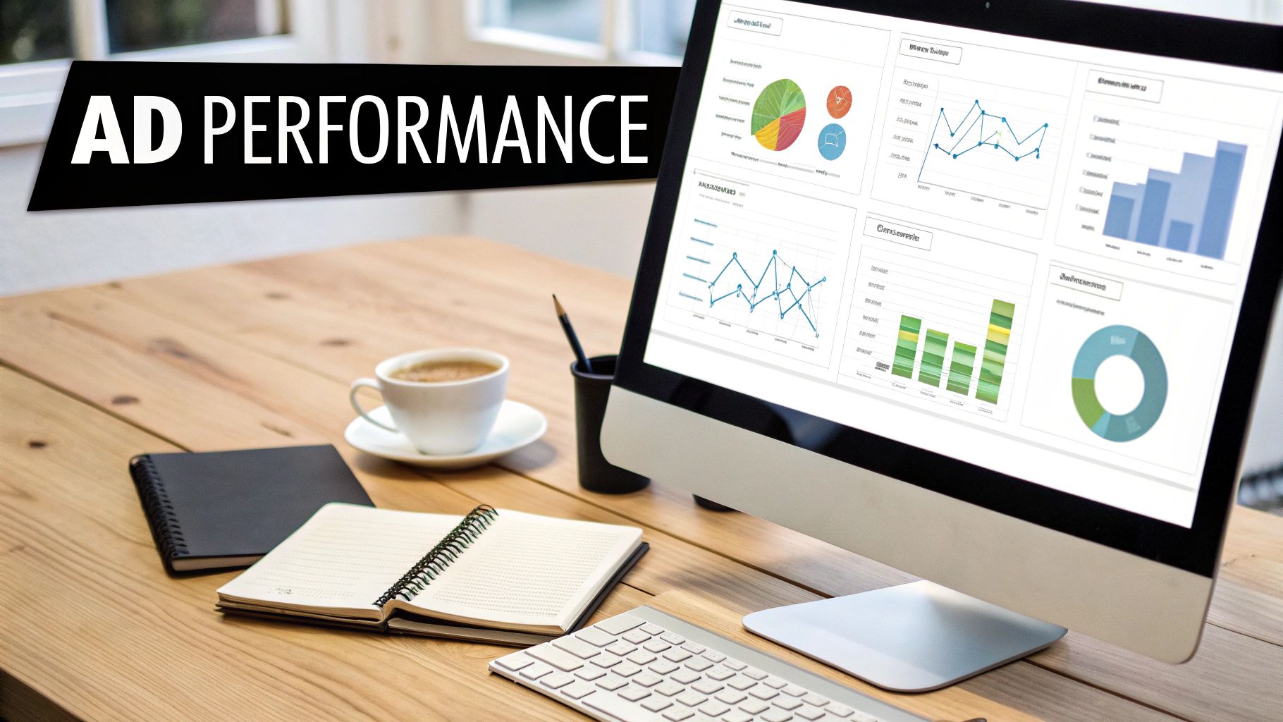 Computer screen displaying ad performance analytics dashboard with colorful charts, graphs, and marketing metrics data
