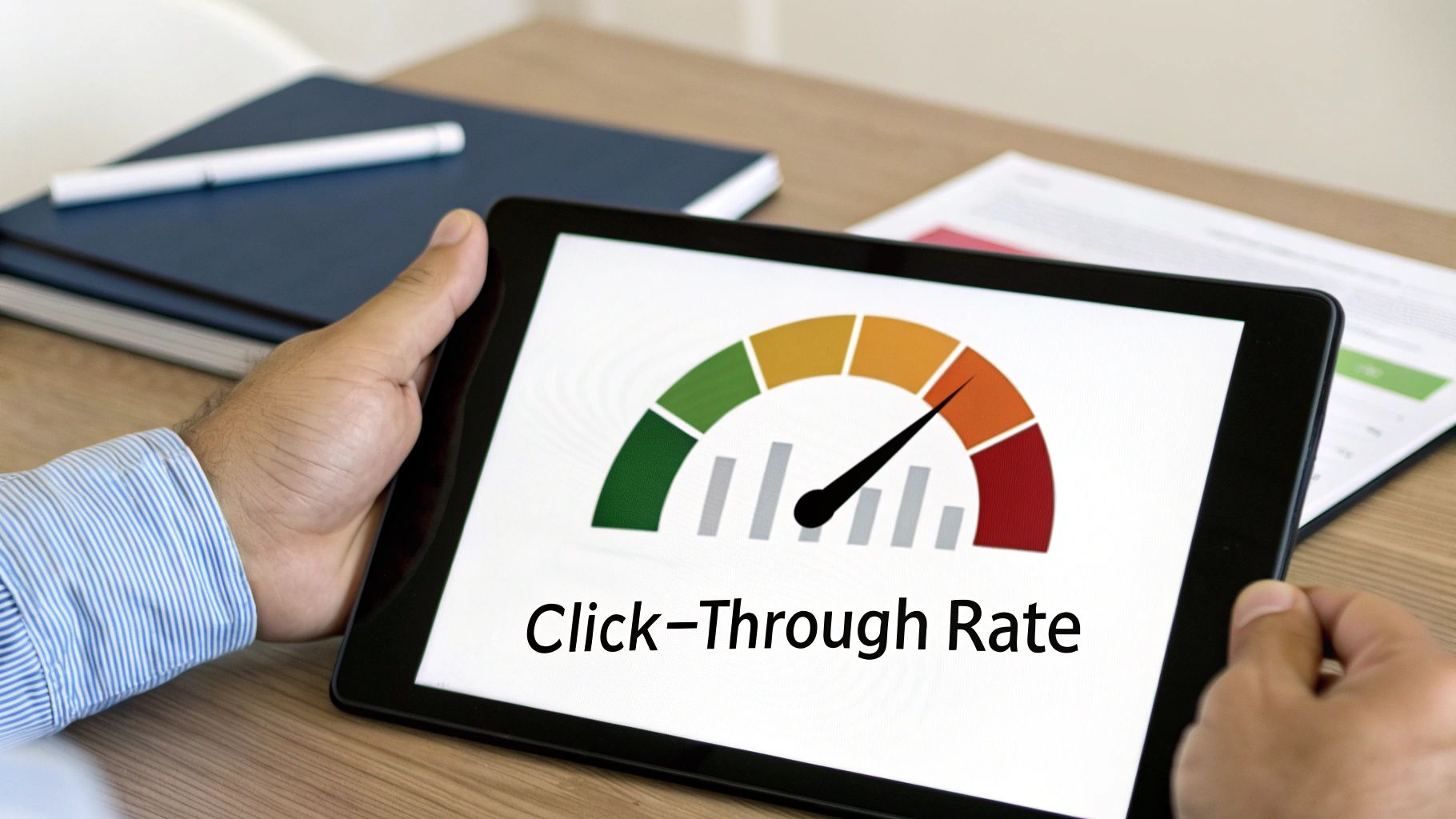 A person holds a tablet displaying a high click-through rate on a colorful performance gauge.