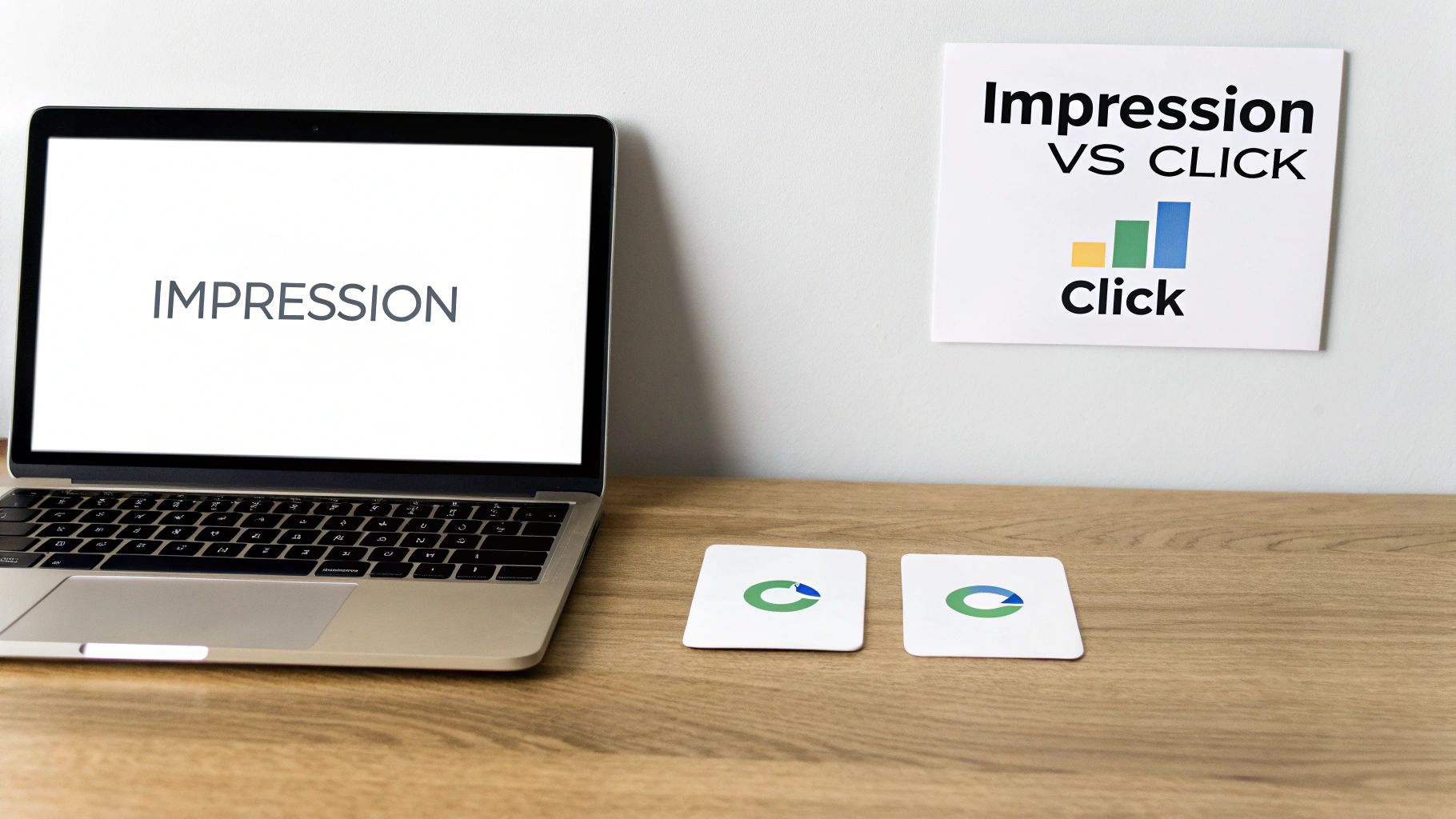 Laptop displaying 'IMPRESSION' next to a 'Impression VS CLICK' sign with a bar chart on a wall.