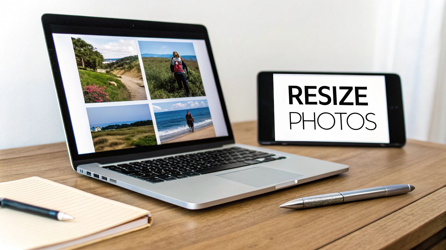 A laptop displays photo thumbnails while a tablet shows 'RESIZE PHOTOS' on a wooden desk.