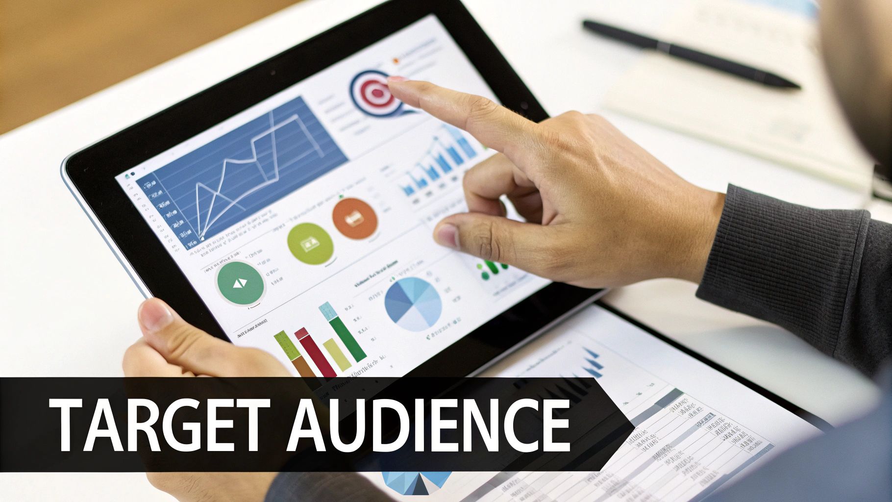Close-up of hands interacting with a tablet displaying various data charts and graphs for target audience analysis.