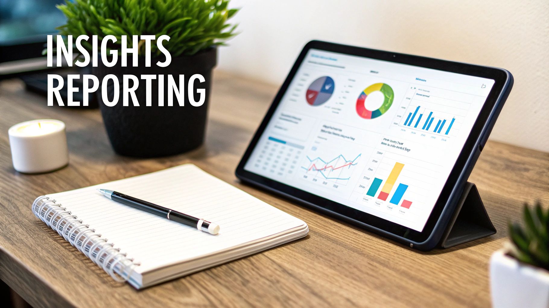 Tablet displaying financial insights and reporting charts on a wooden desk with a notebook and pen.