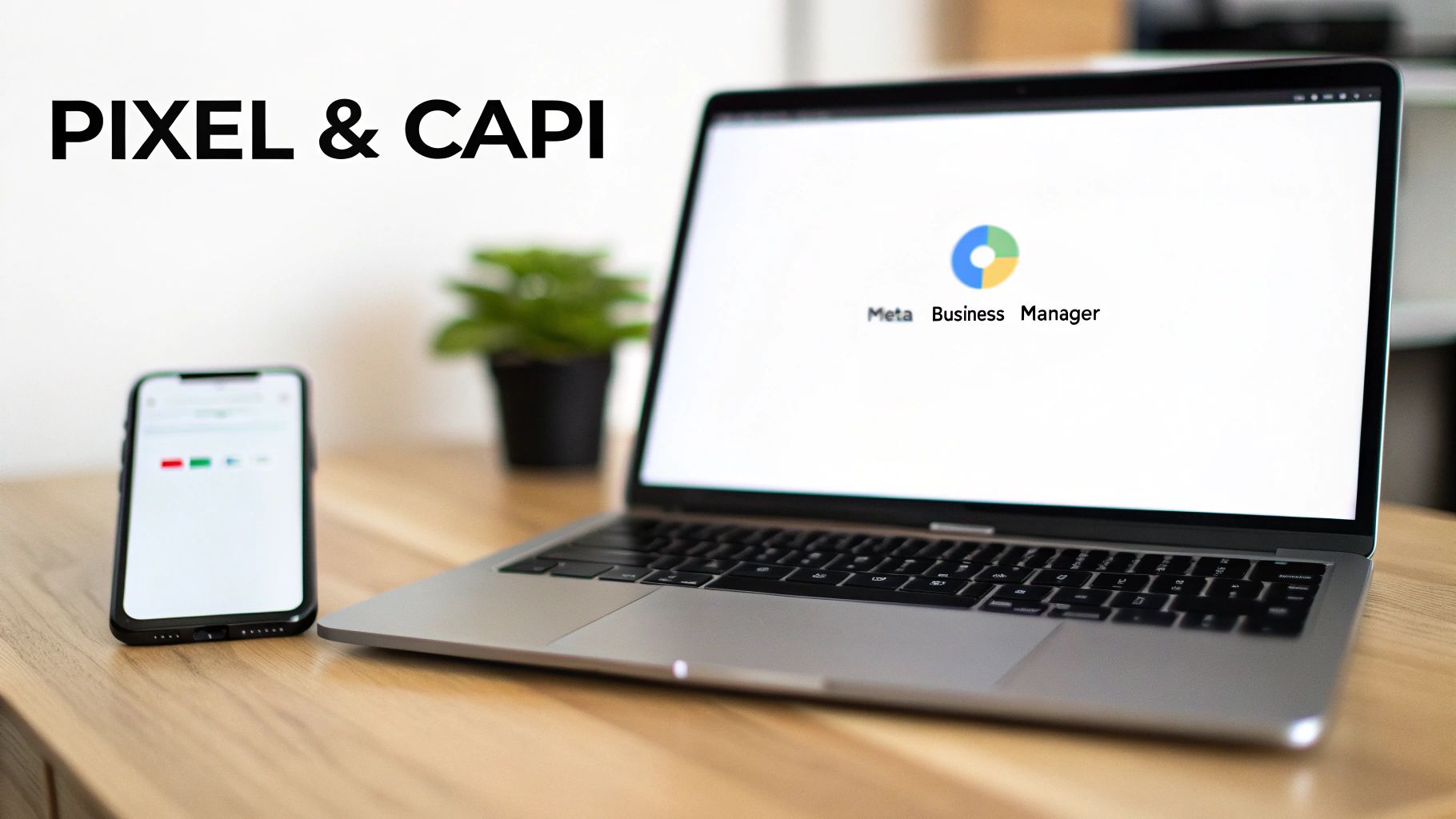 Laptop displaying Meta Business Manager, a smartphone, and 'PIXEL & CAPI' text on a wooden desk.