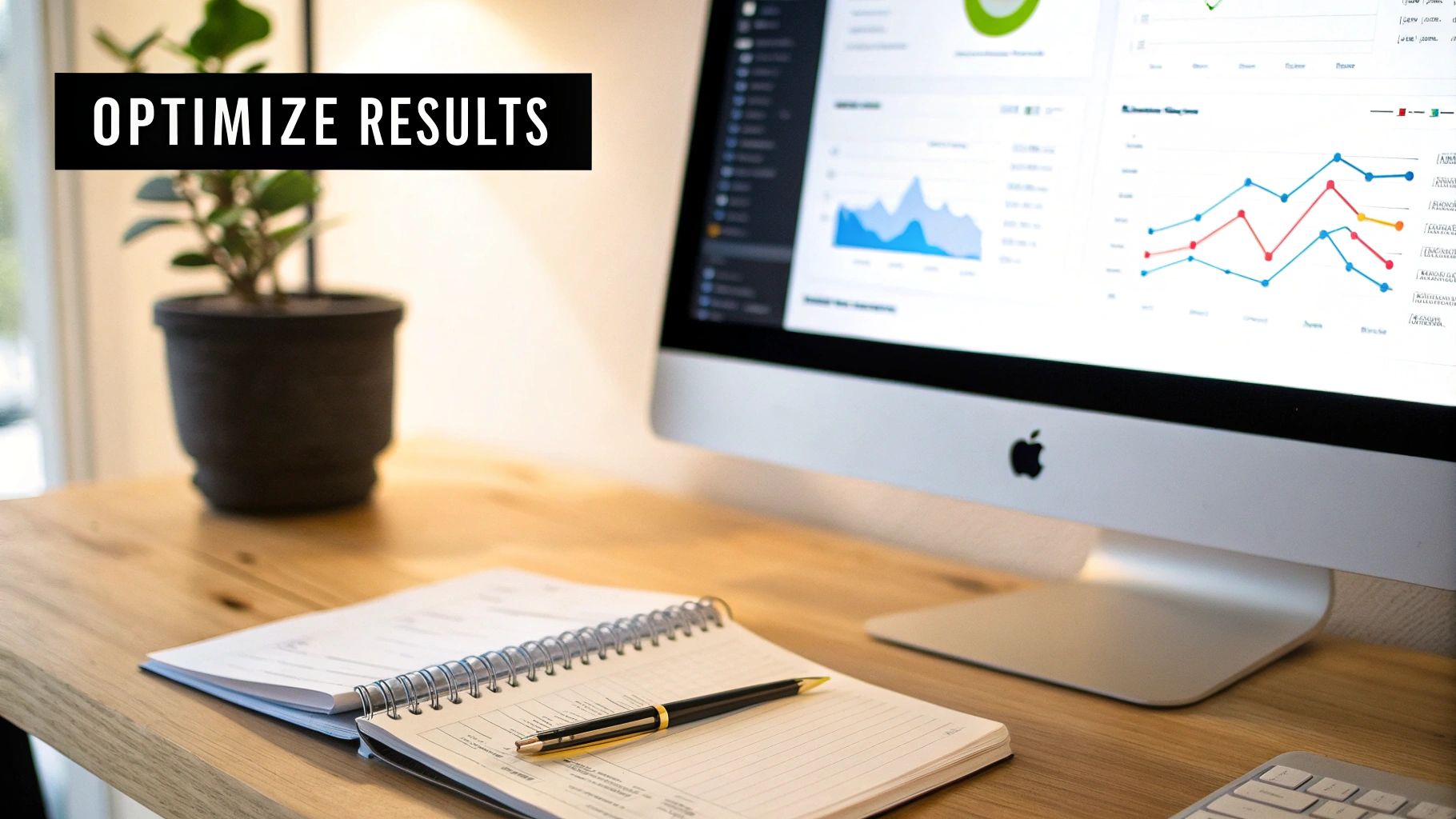 An office desk with an iMac showing data charts, a notebook, pen, and plant, featuring 'OPTIMIZE RESULTS'.