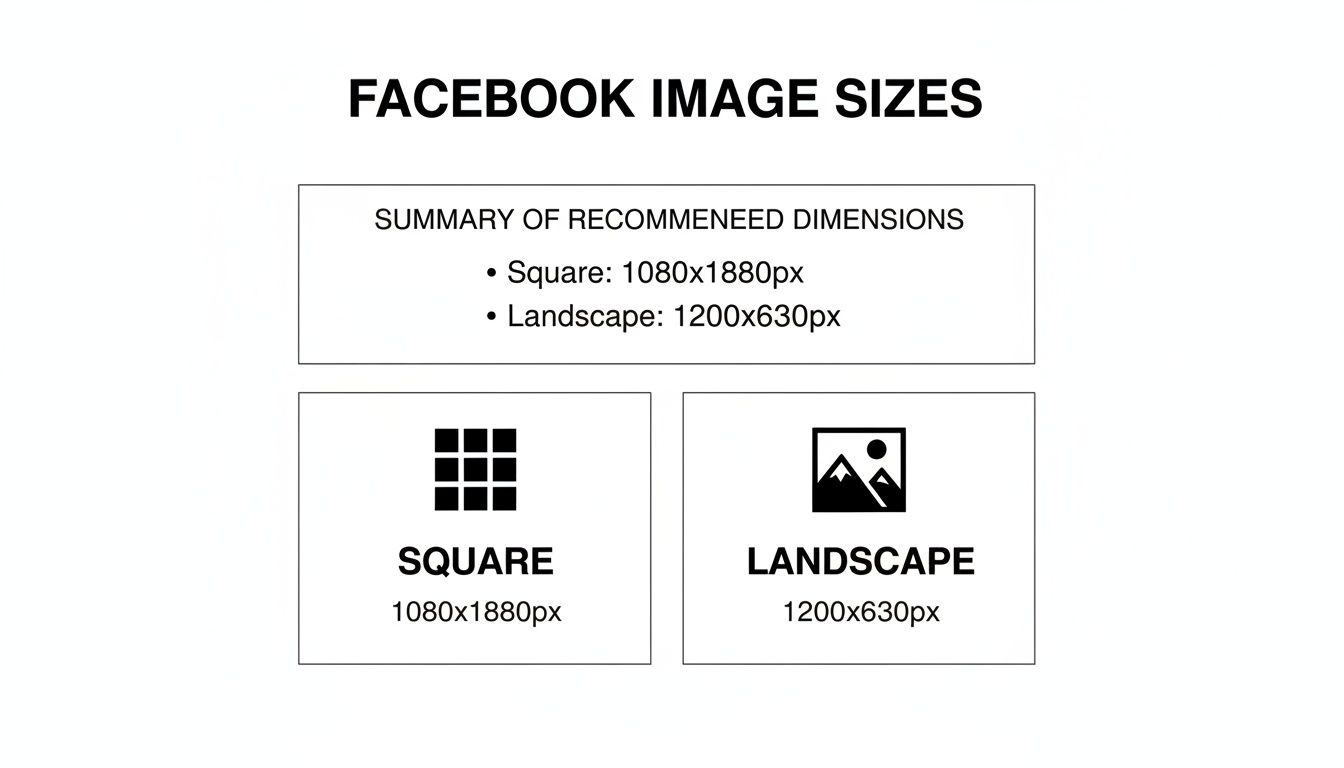 A guide showing recommended Facebook image sizes for square (1080x1880px) and landscape (1200x630px) formats.