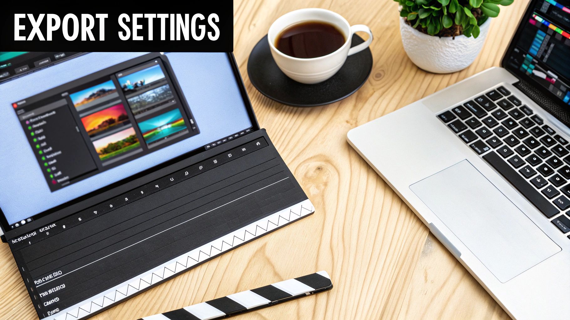 Video editing workspace with laptop displaying export settings, coffee cup, and film clapperboard on wooden desk