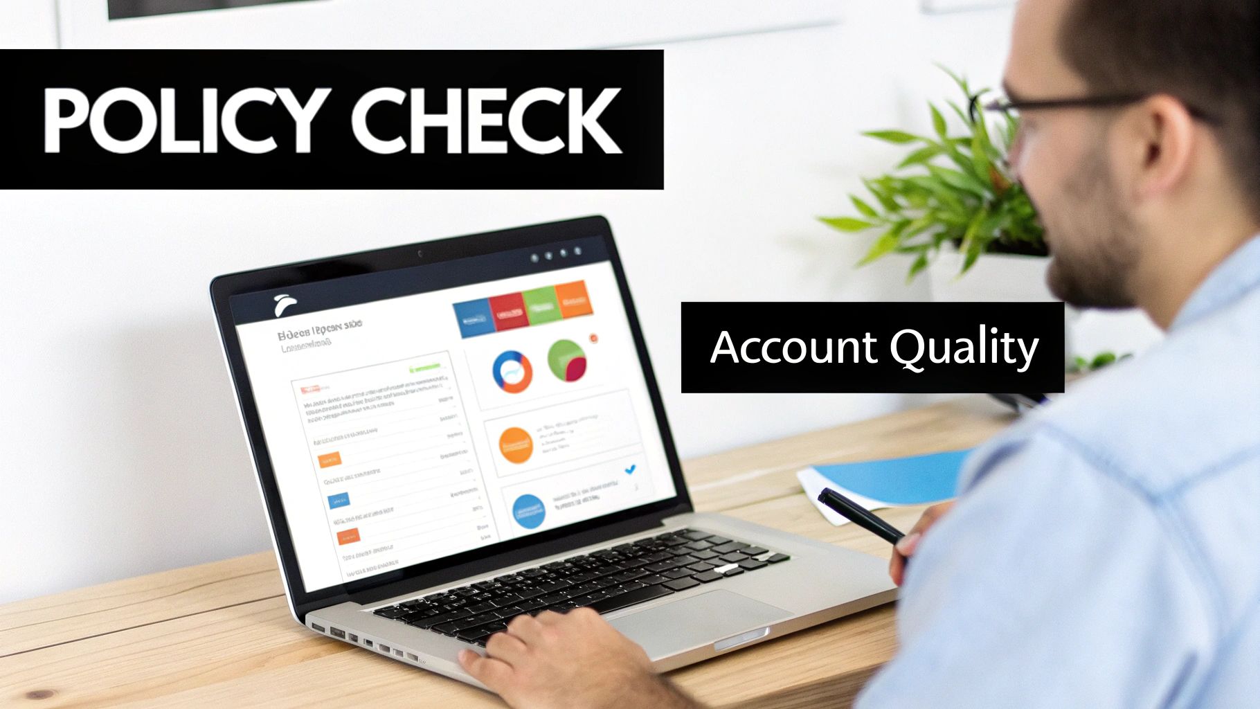 A man reviews a laptop dashboard showing charts and data for a policy check and account quality.