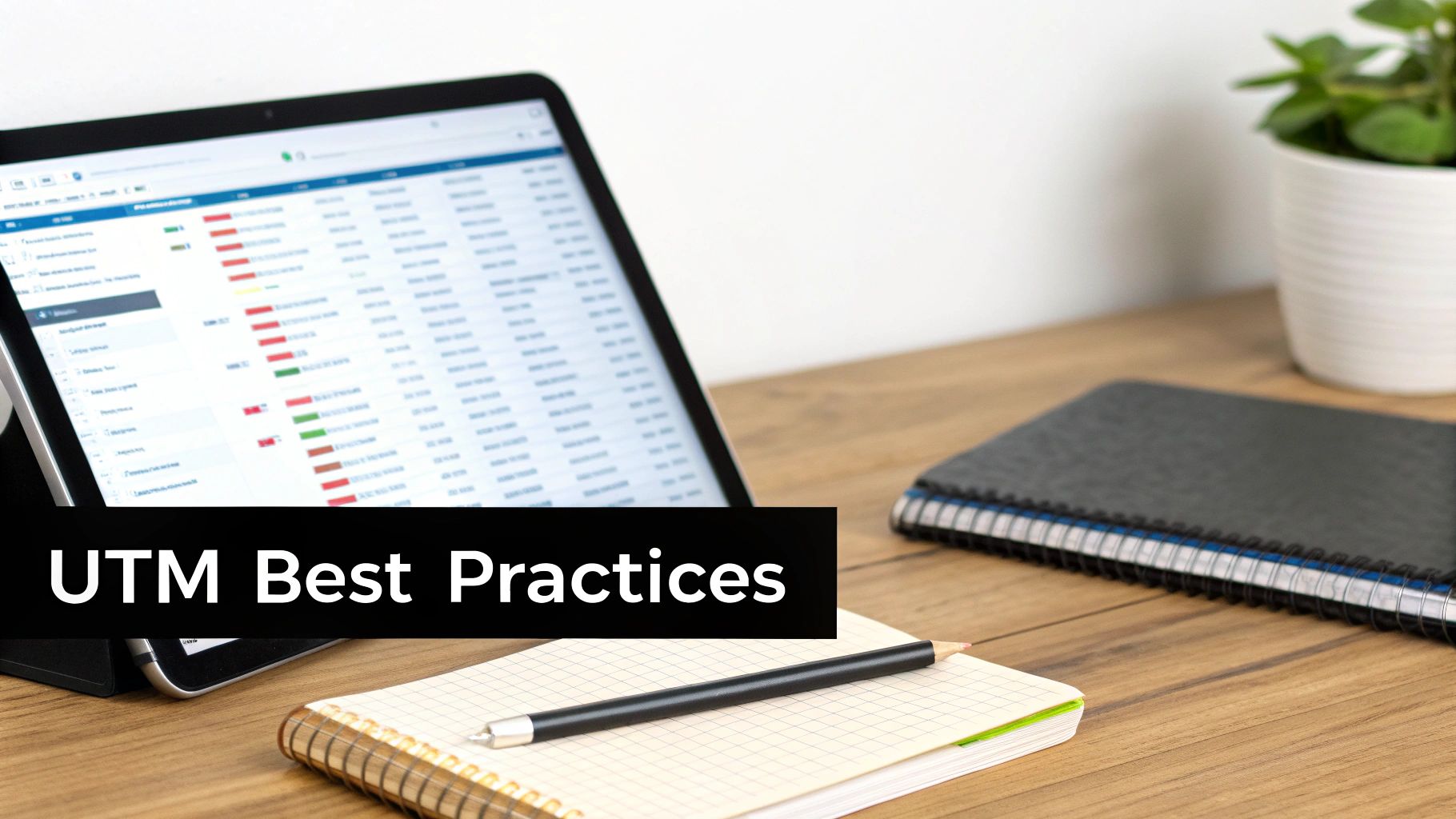 A tablet displaying data and a notebook with 'UTM Best Practices' on a wooden desk.