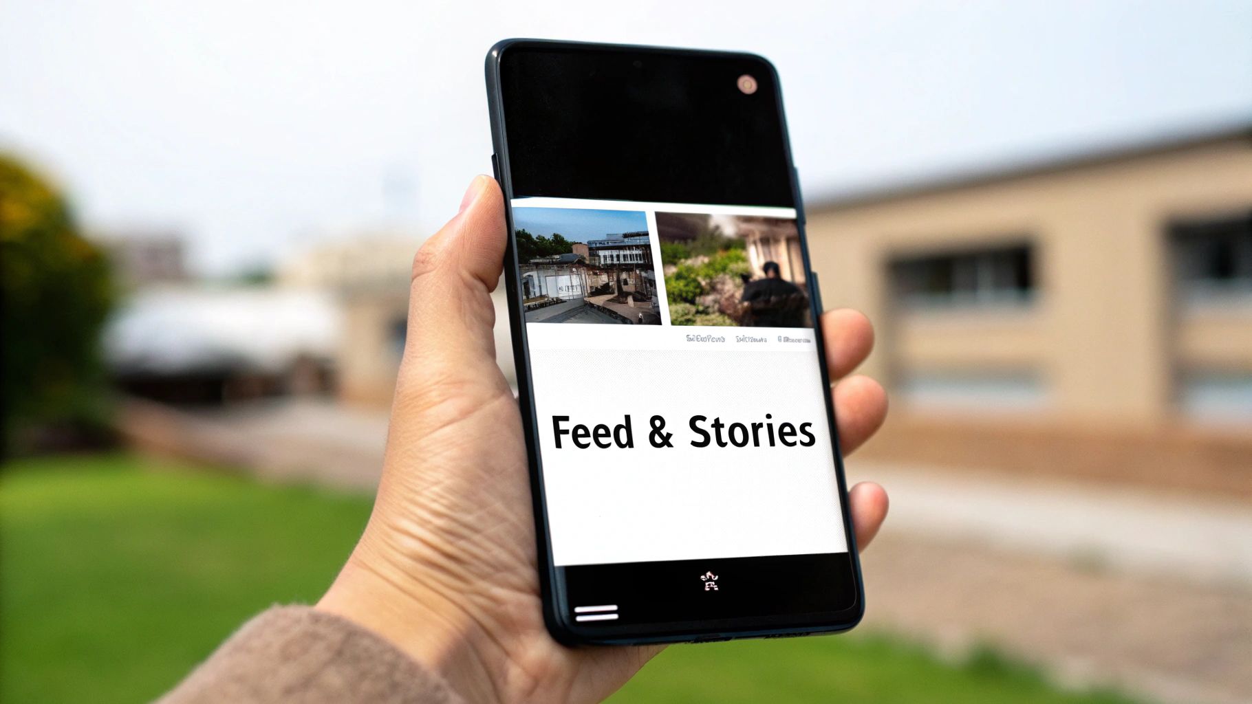 A hand holding a smartphone outdoors, displaying 'Feed & Stories' with image thumbnails on the screen.