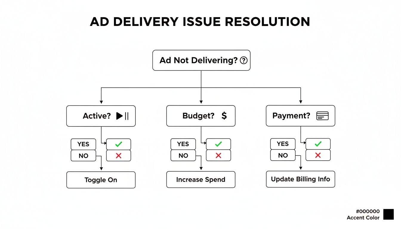 A flowchart detailing ad delivery issue resolution steps, including checks for active status, budget, and payment.