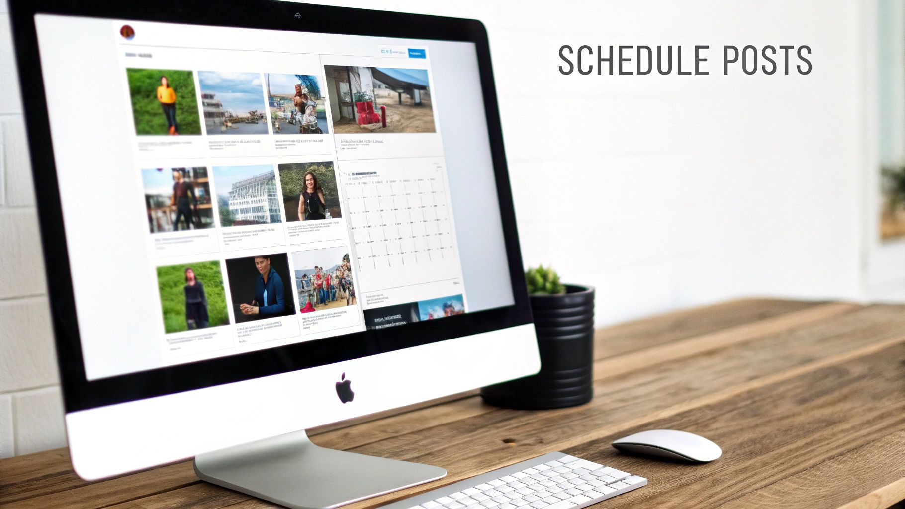 A split-screen image showing the Instagram desktop website on one side and the mobile-emulated view with the upload button on the other.