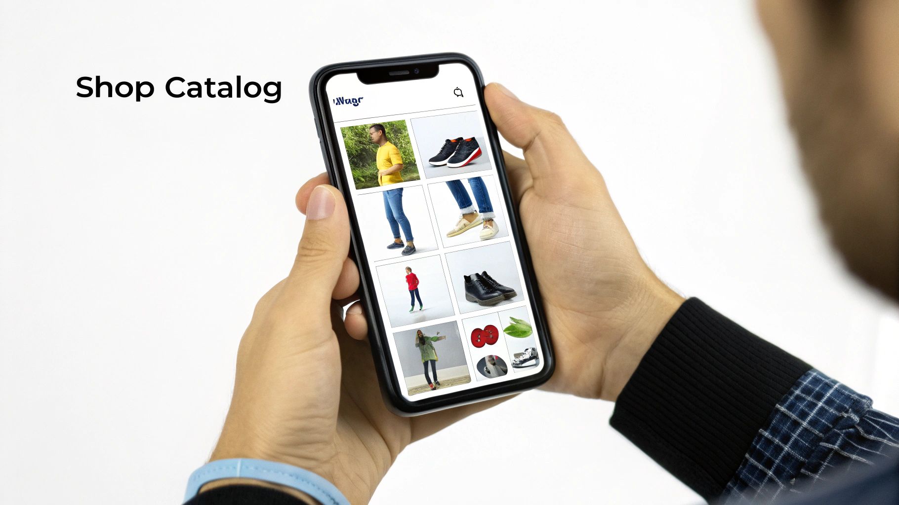 A person holds a smartphone displaying an online shop catalog with various clothing and shoes.
