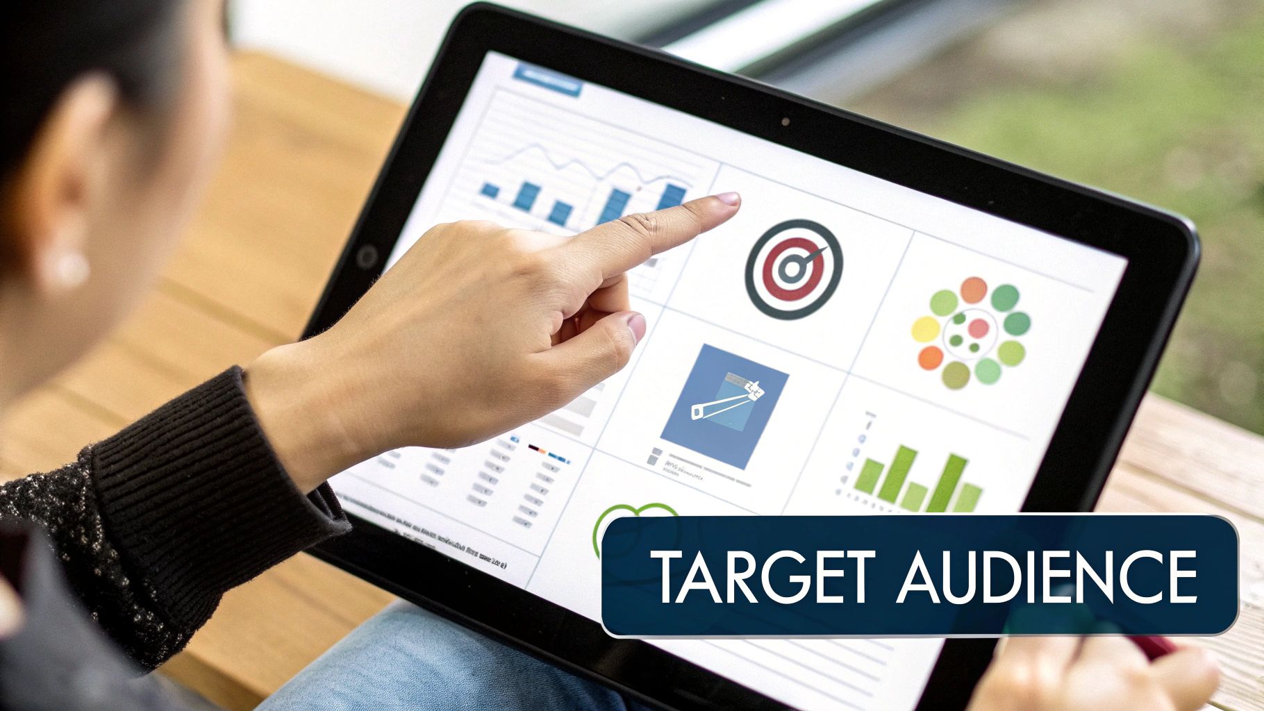 A calculator and charts on a screen, representing budget and bidding strategy for a Facebook event ad.