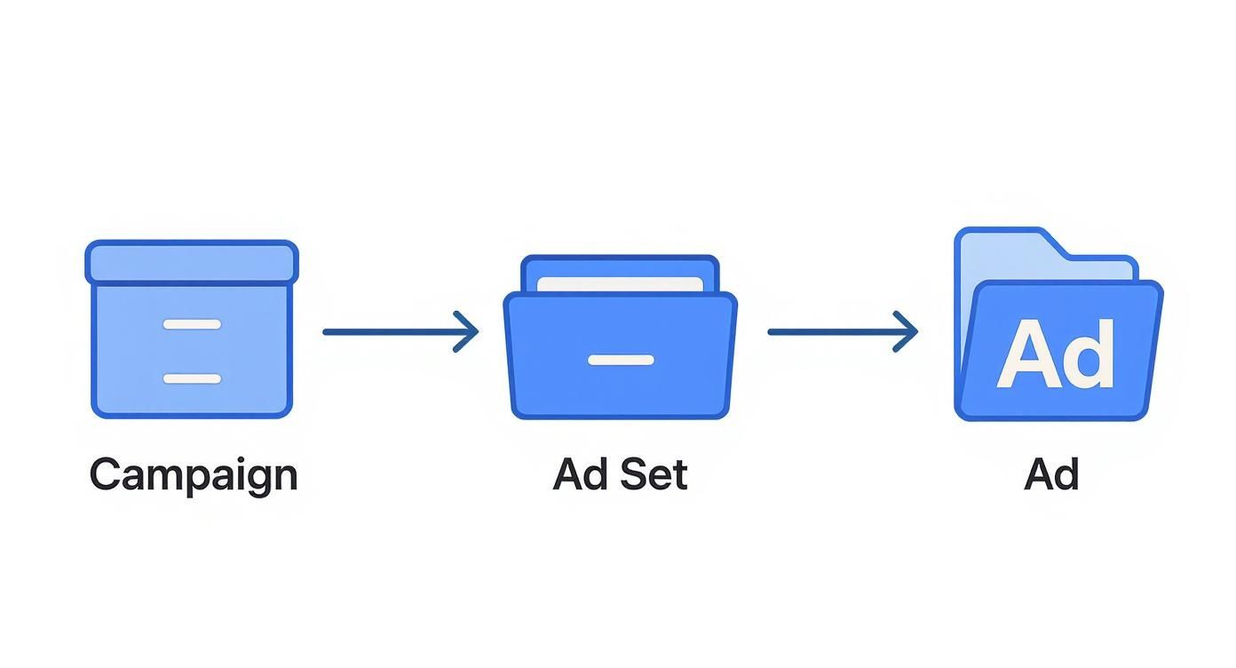 Diagram showing the hierarchical structure of Facebook Ads: Campaign, Ad Set, and Ad.