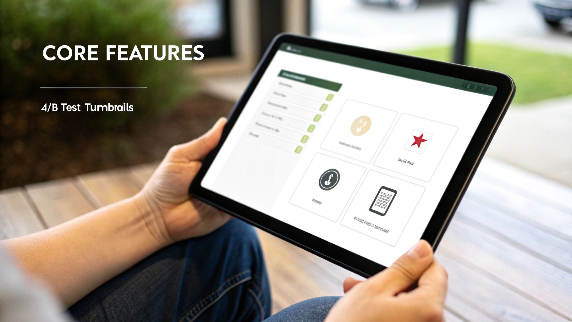 Person holding tablet displaying core features interface with A/B test thumbnails and various icons