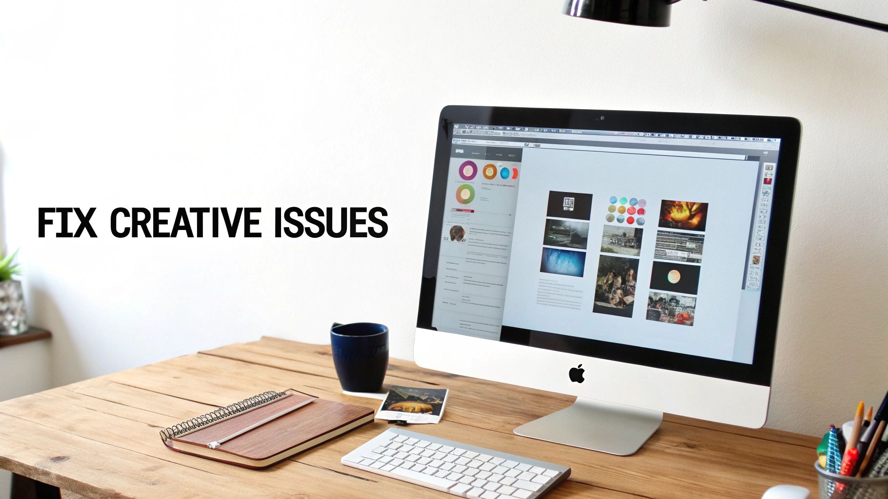 A clean, modern creative workspace with an iMac displaying design work, a keyboard, and a notebook on a wooden desk.