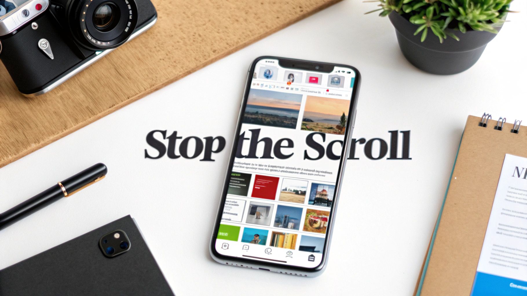 A flat lay of a smartphone displaying a social media feed, a camera, pen, and notebook.