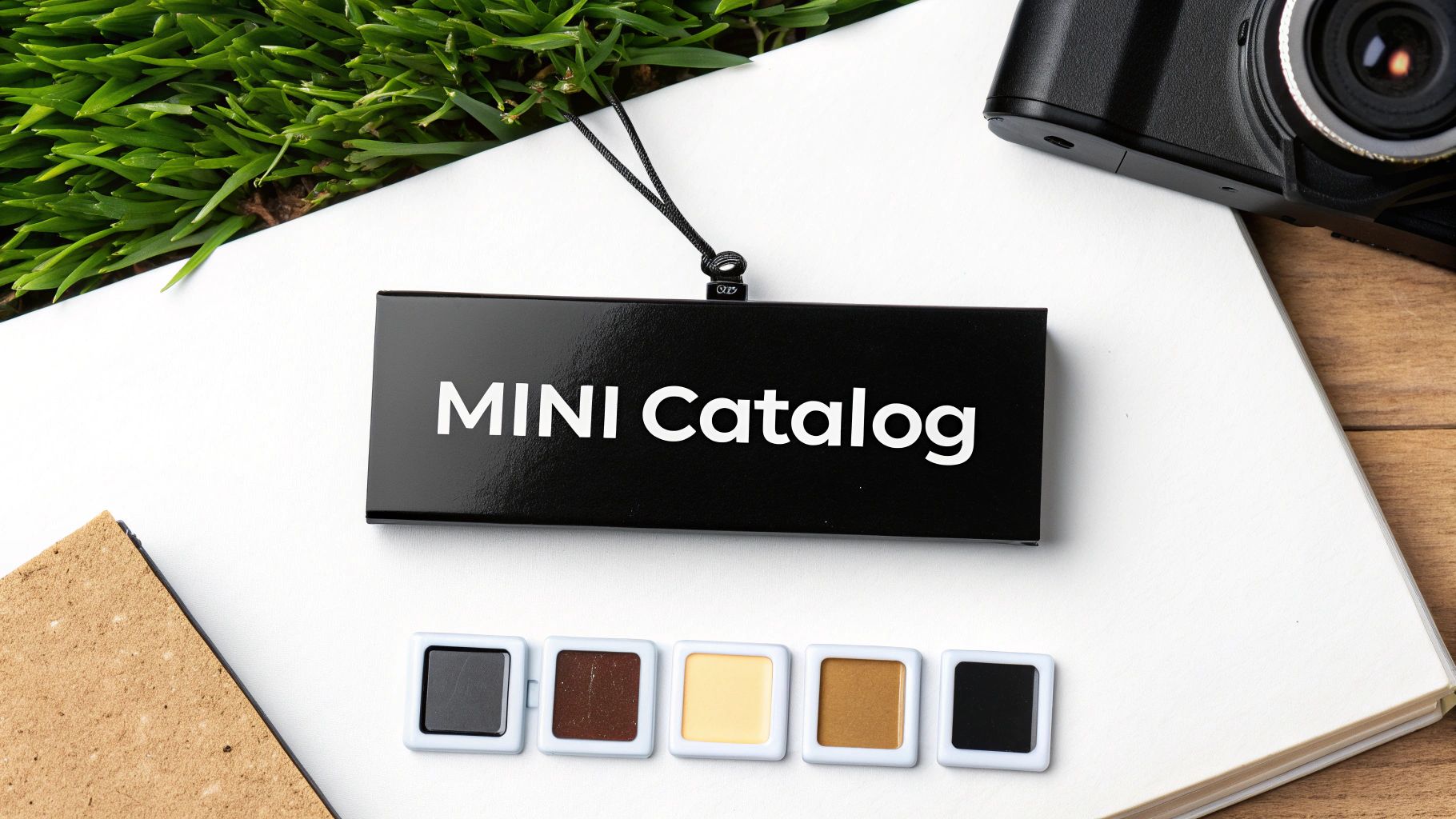 A black 'MINI Catalog' tag with various product color samples, a camera, and a notebook.