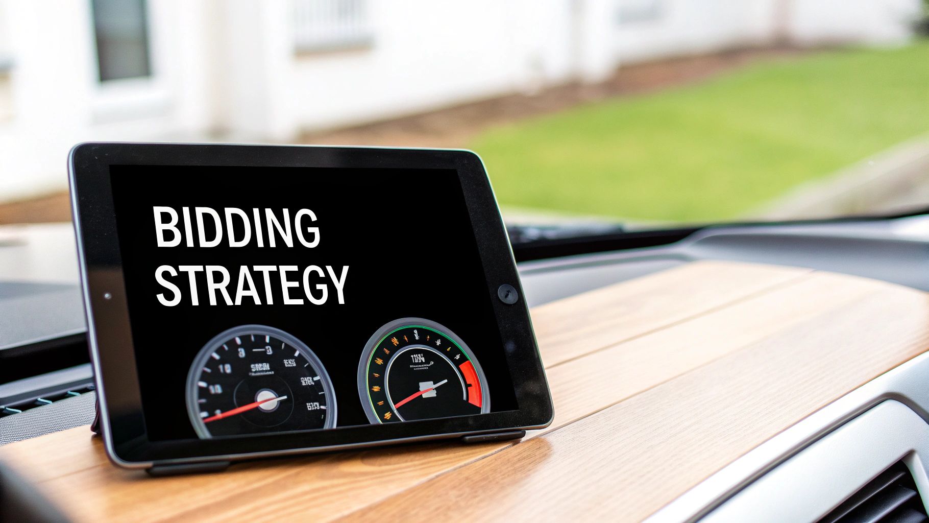 Digital tablet showing 'BIDDING STRATEGY' text and dashboard gauges, set on a wooden car interior.