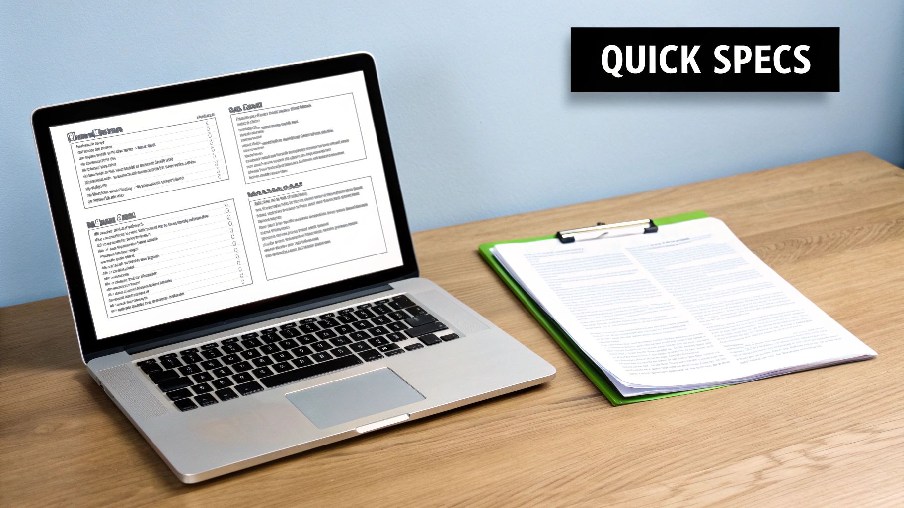 A laptop displaying text, a clipboard with papers, and a 'QUICK SPECS' sign on a wooden desk.