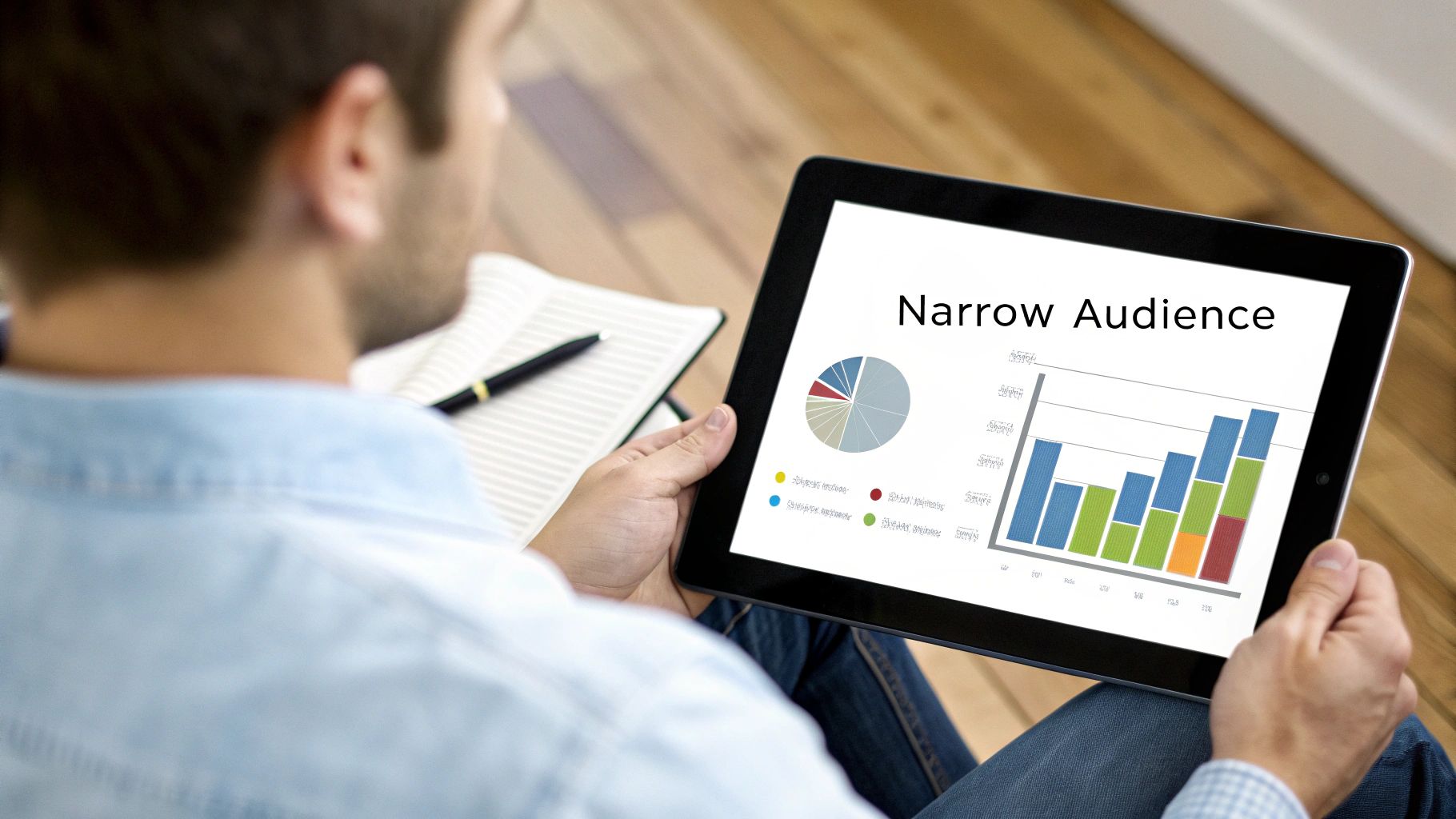 A person reviews a digital presentation on a tablet showing "Narrow Audience" with charts.