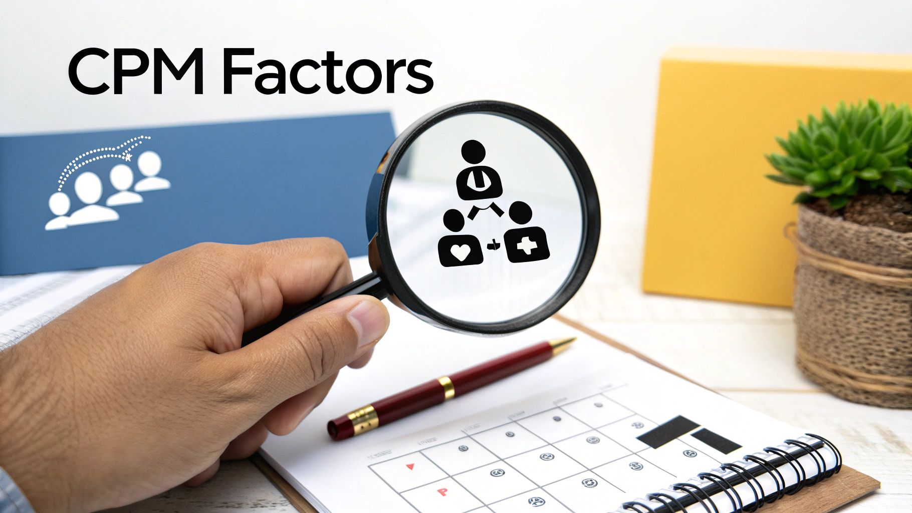 A hand holds a magnifying glass over a diagram of connected people, analyzing 'CPM Factors' on a desk.