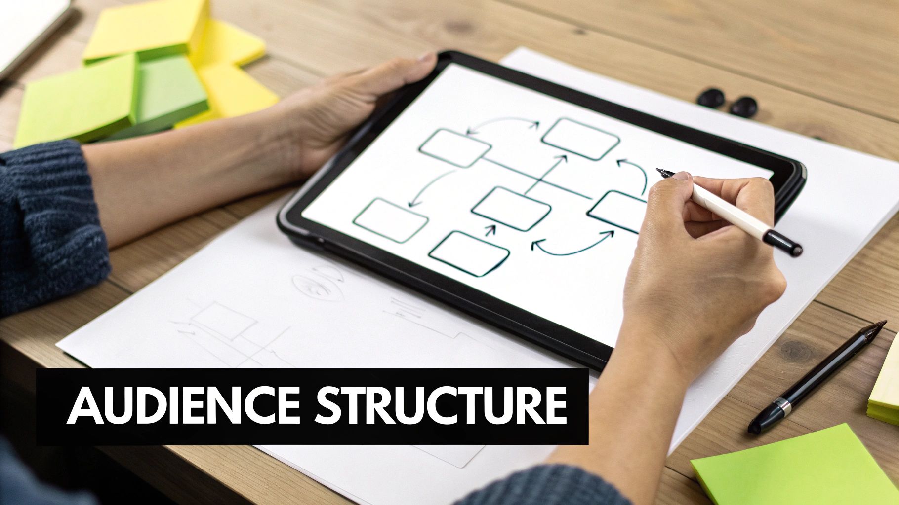 Hands sketching an 'Audience Structure' flowchart on a digital tablet at a wooden desk.