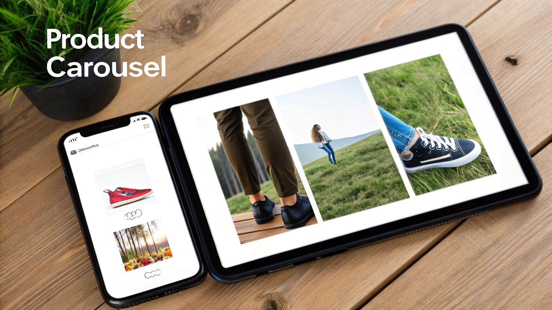 A smartphone and tablet display a product carousel feature on a wooden table, showcasing shoes and outdoor scenes.