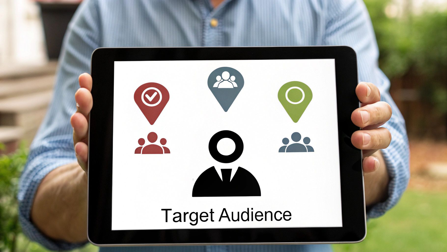 A person holds a tablet displaying a 'Target Audience' graphic with various icons.