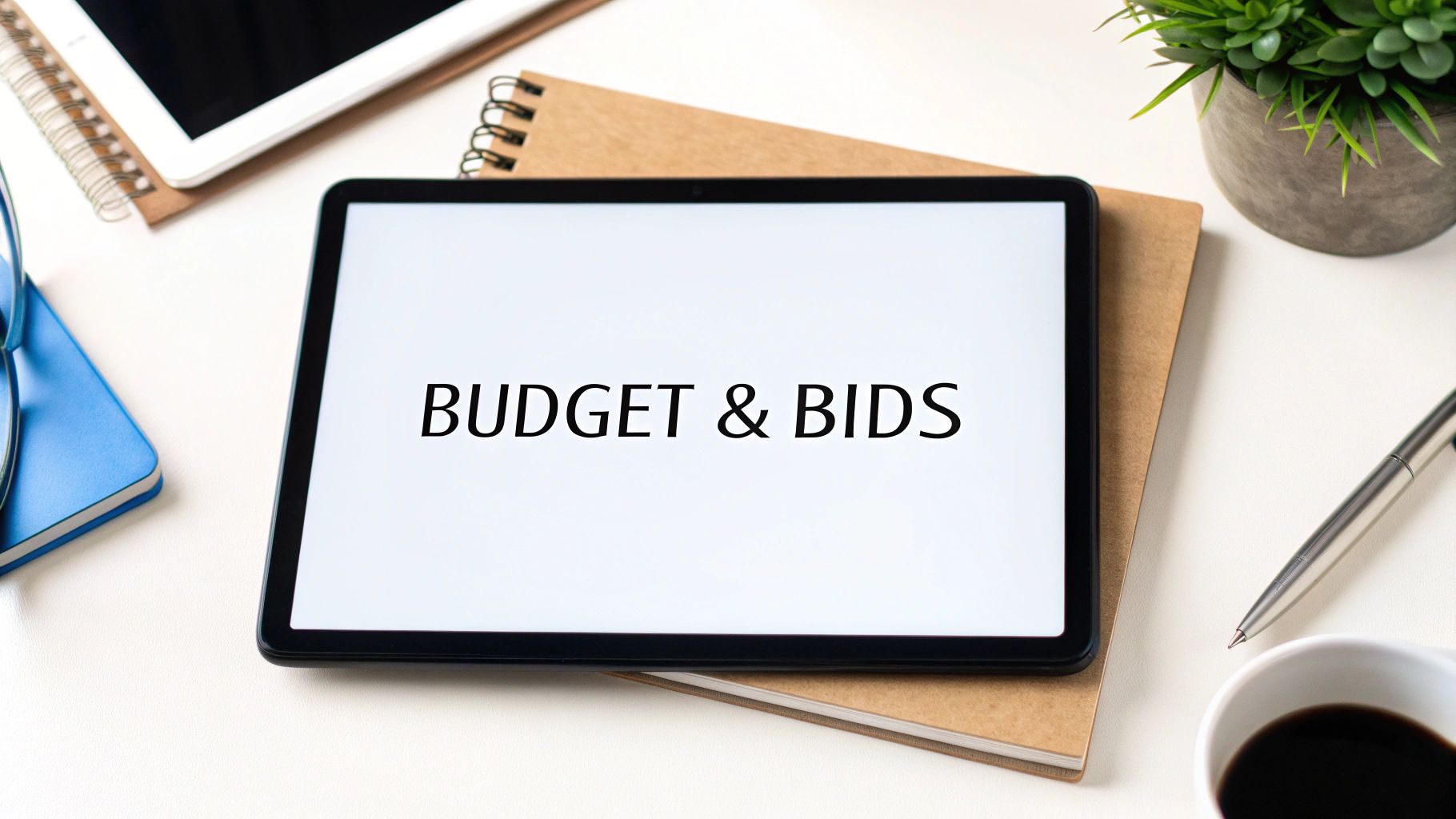 A tablet screen displaying 'BUDGET & BIDS' on a white desk with office supplies and coffee.