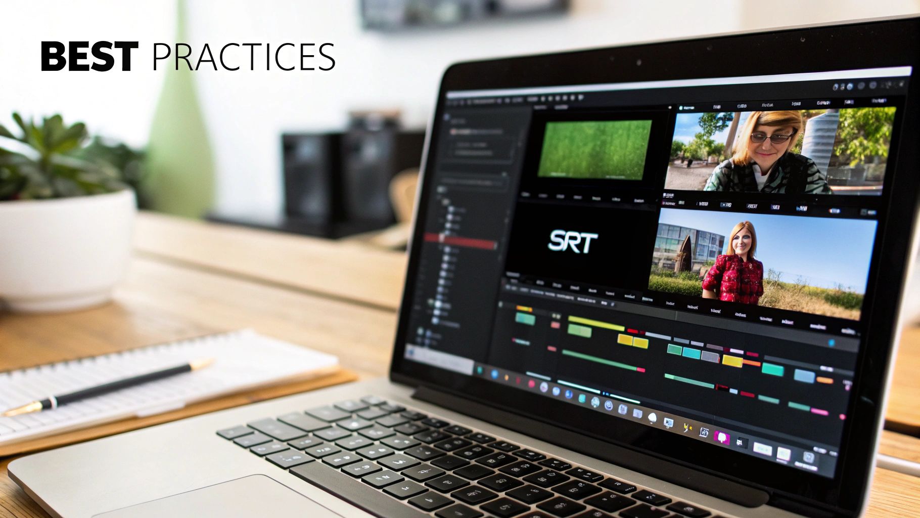 A laptop on a wooden desk showing video editing software with clips and an SRT logo.
