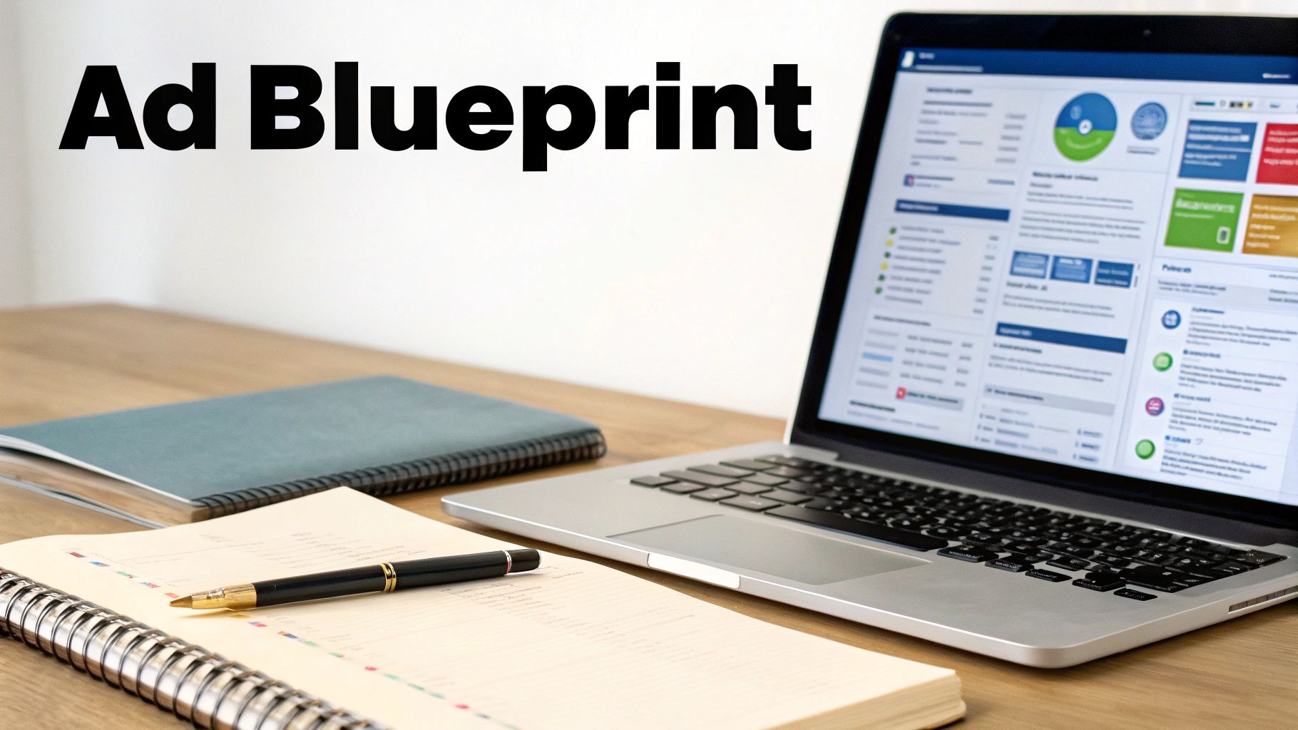 A laptop screen displays data analysis dashboards next to notebooks and a pen on a wooden desk, with "Ad Blueprint" text on the wall.