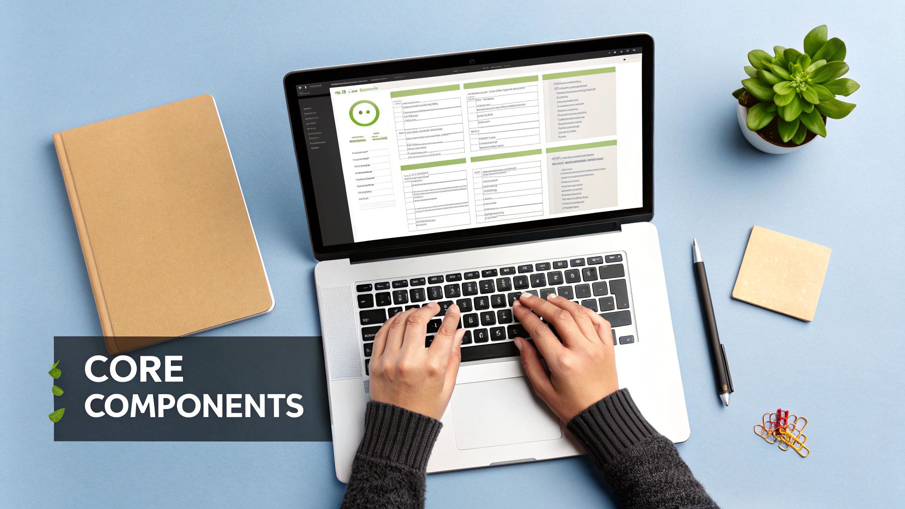 A flat-lay image showing various elements of a social media campaign template, like persona cards, a content calendar, and budget charts.