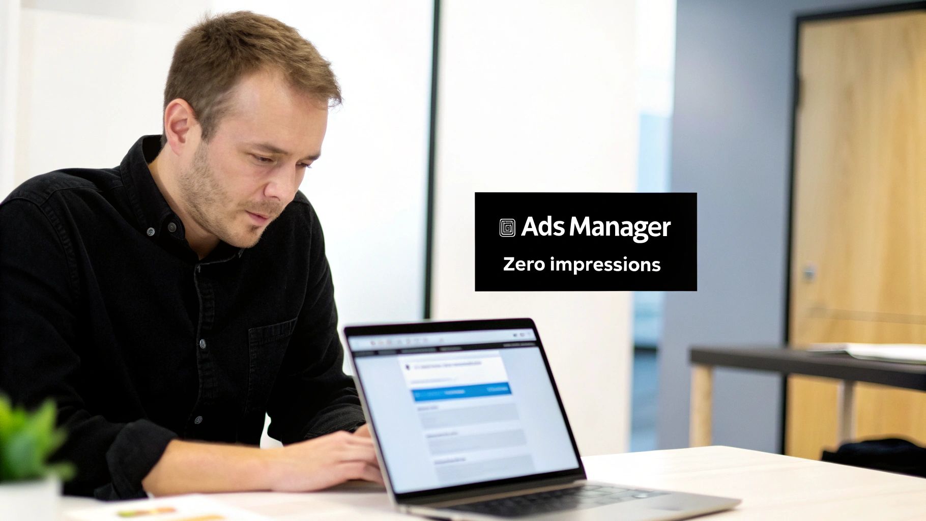 A man focused on a laptop screen displaying "Ads Manager Zero impressions" at a desk.