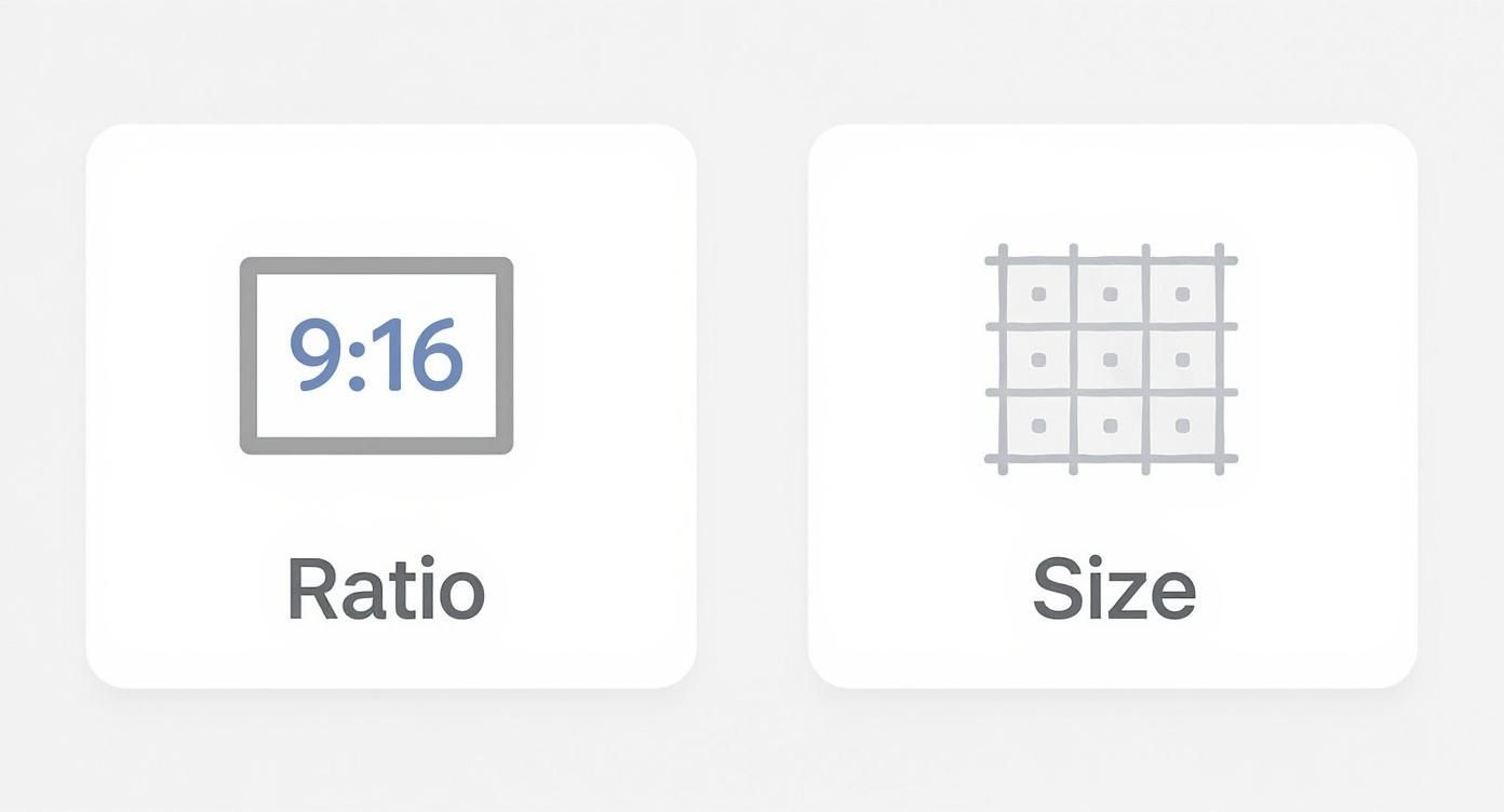 Two icons comparing ratio 9:16 display and size grid layout for social media story dimensions