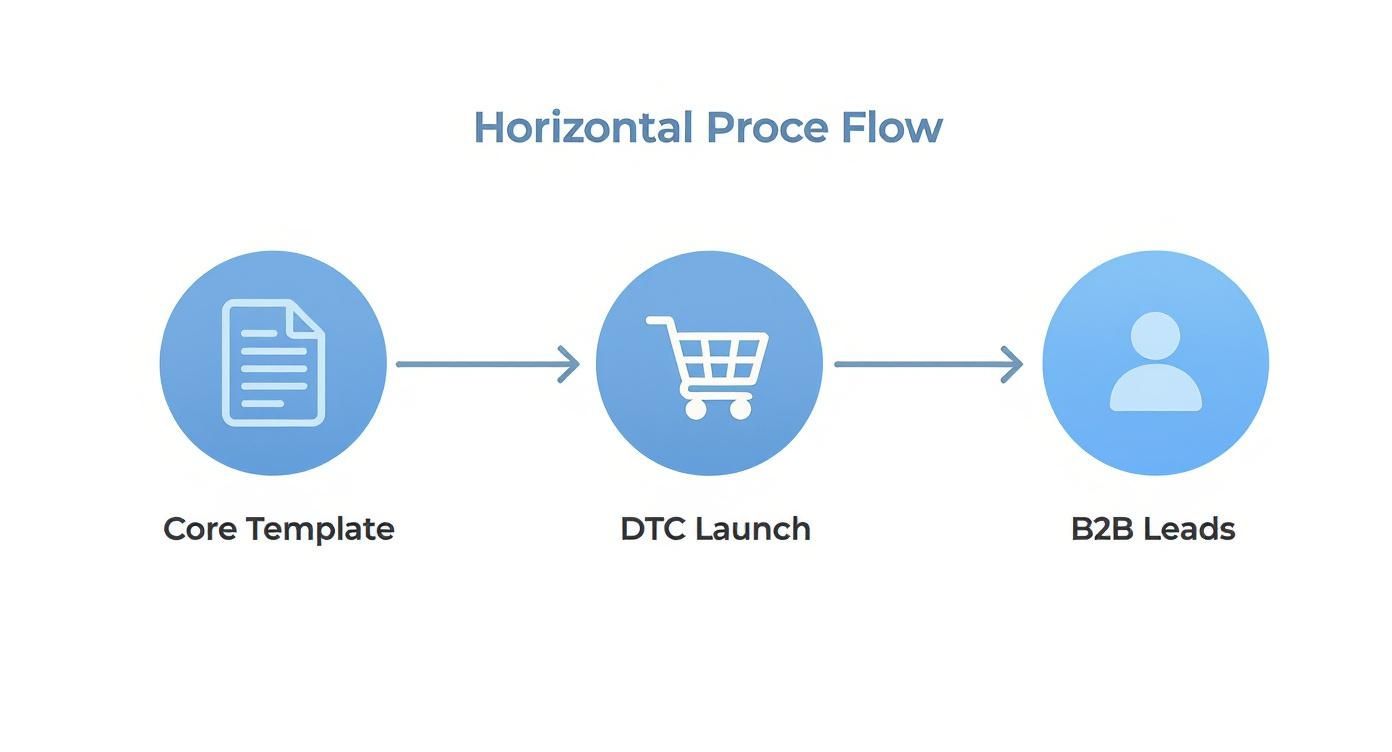 A process flow infographic showing how a core social media campaign template can be adapted for a DTC product launch or a B2B lead generation campaign.