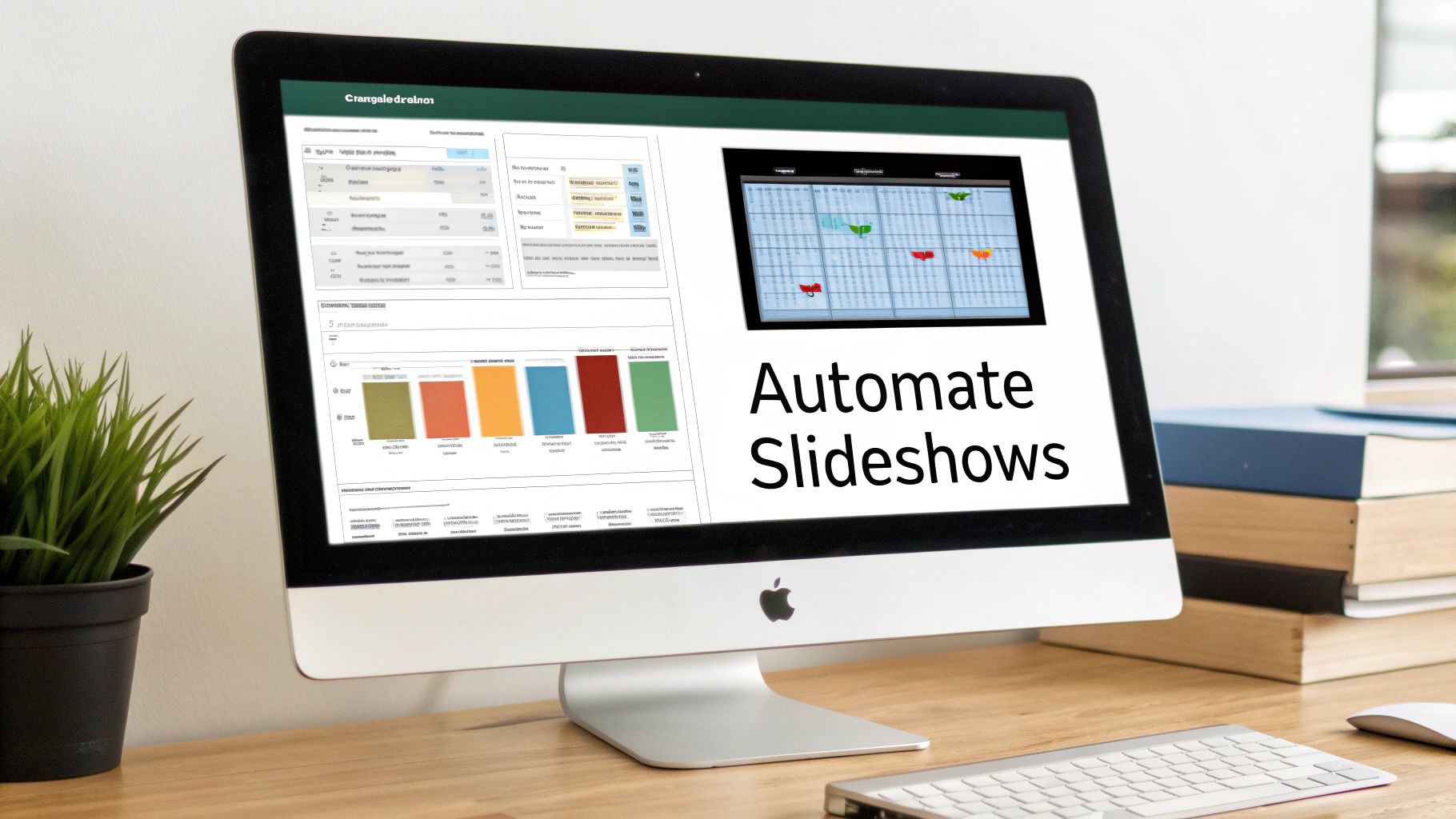 An Apple iMac on a wooden desk displays a presentation with charts and the text 'Automate Slideshows'.