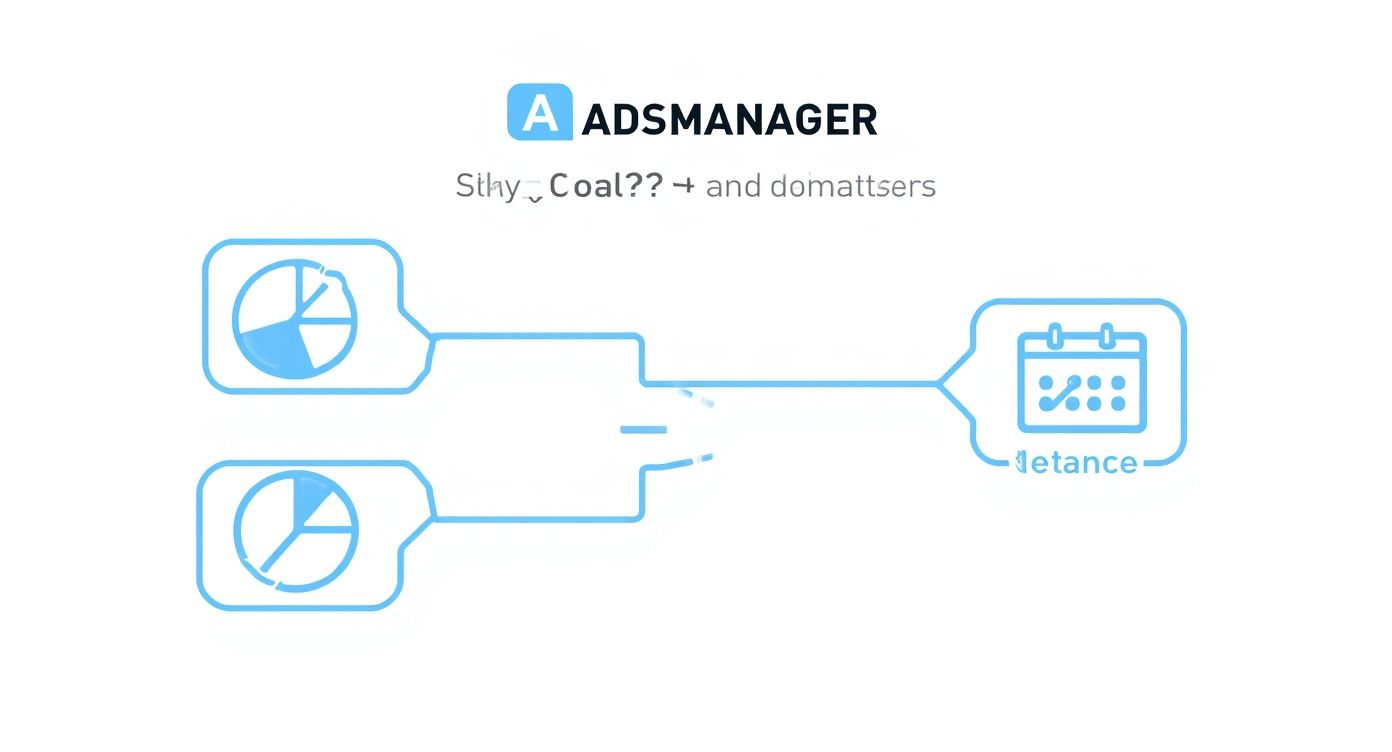 A diagram illustrating ads management, combining two data sources into a scheduled calendar event.